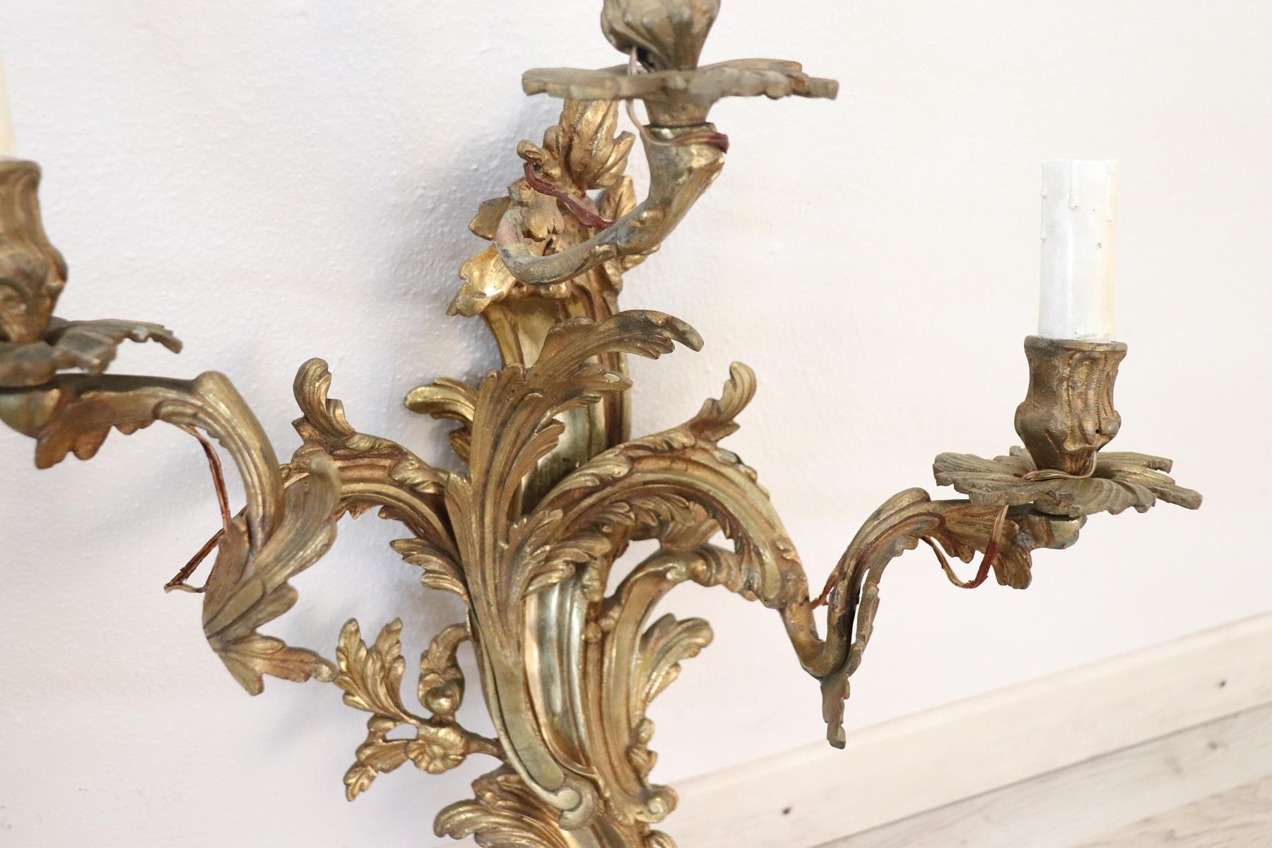 19th Century Italian Golden Bronze Pair of Wall Light or Sconces 3