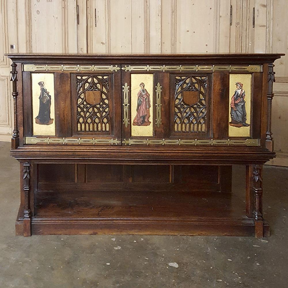 Hand-Crafted 19th Century Italian Gothic Walnut Buffet with Painted Panels For Sale