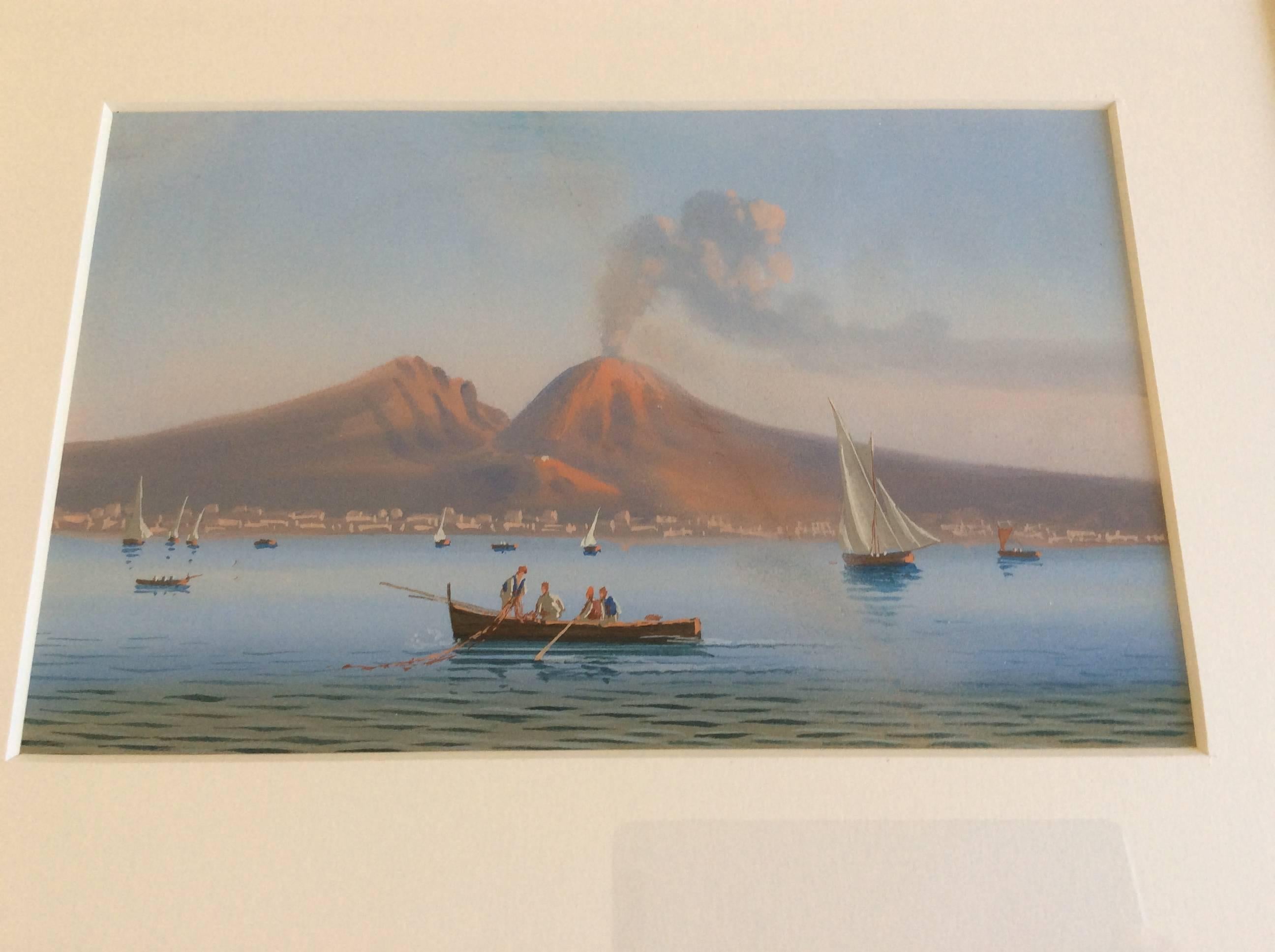 19th Century Italian Gouache of Vesuvius in a Birch Frame In Good Condition For Sale In Lyngby, DK