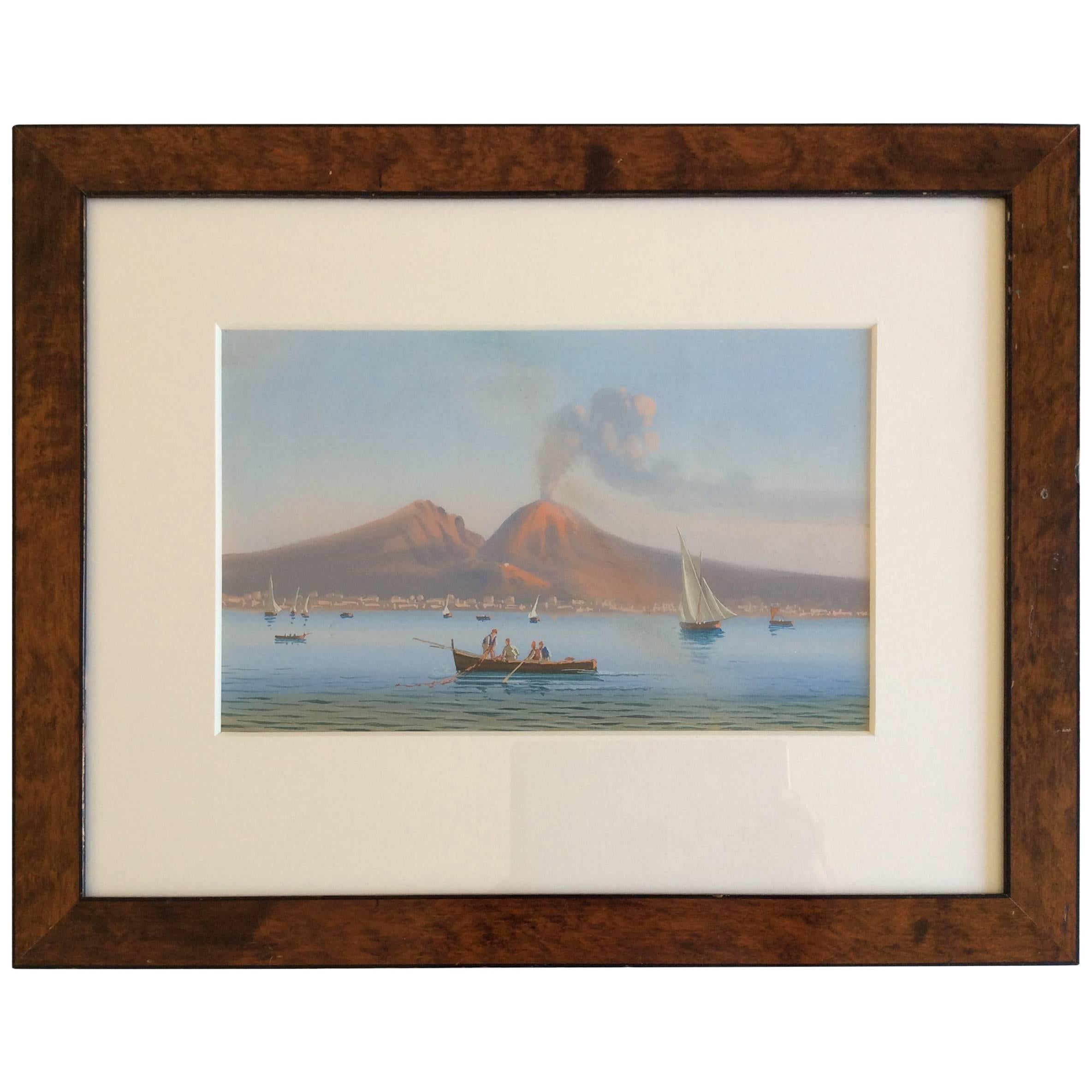 19th Century Italian Gouache of Vesuvius in a Birch Frame For Sale