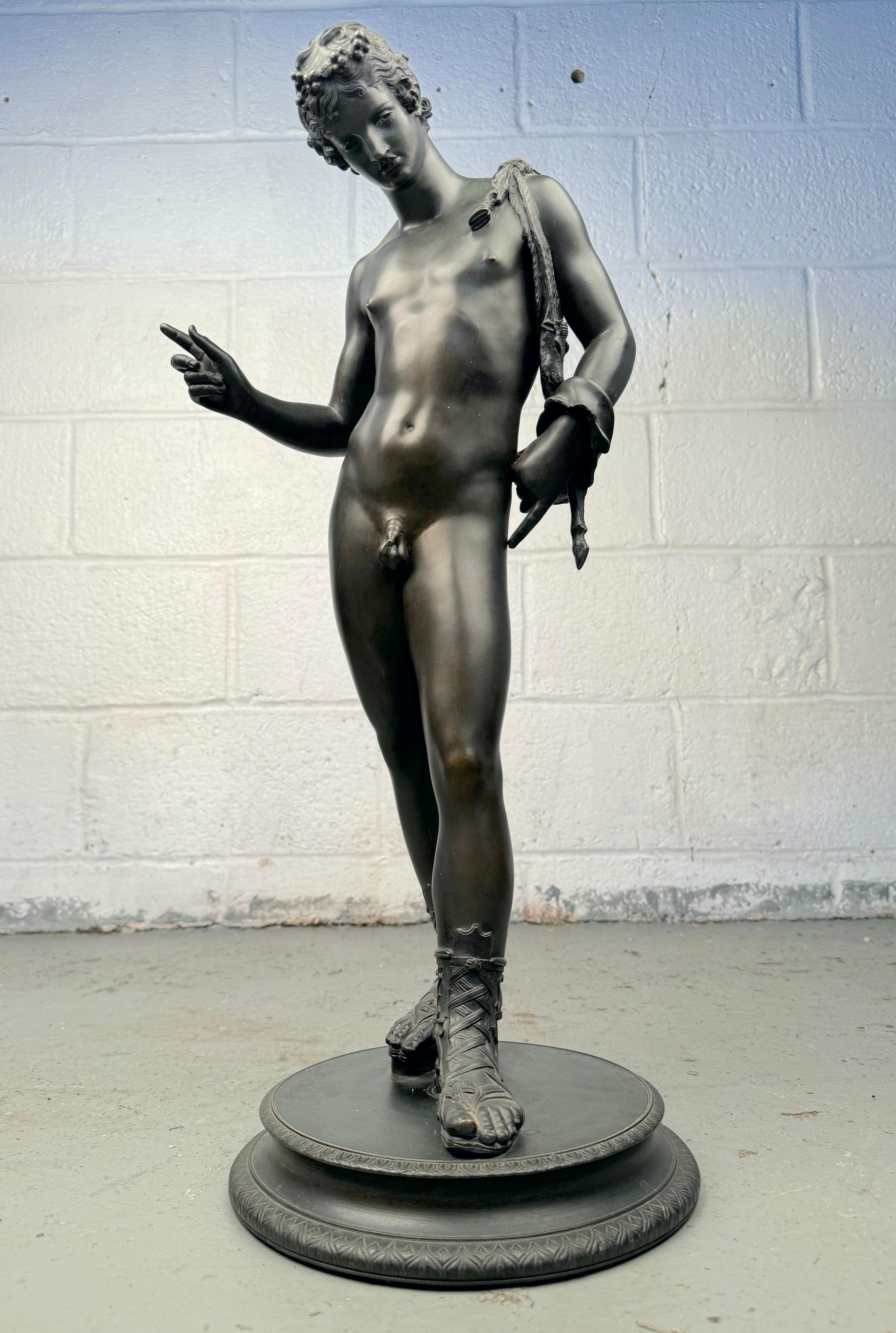 Large 19th Century Grand Tour bronze sculpture of Narcissus after the original found in 1862 at Pompeii. Signed 