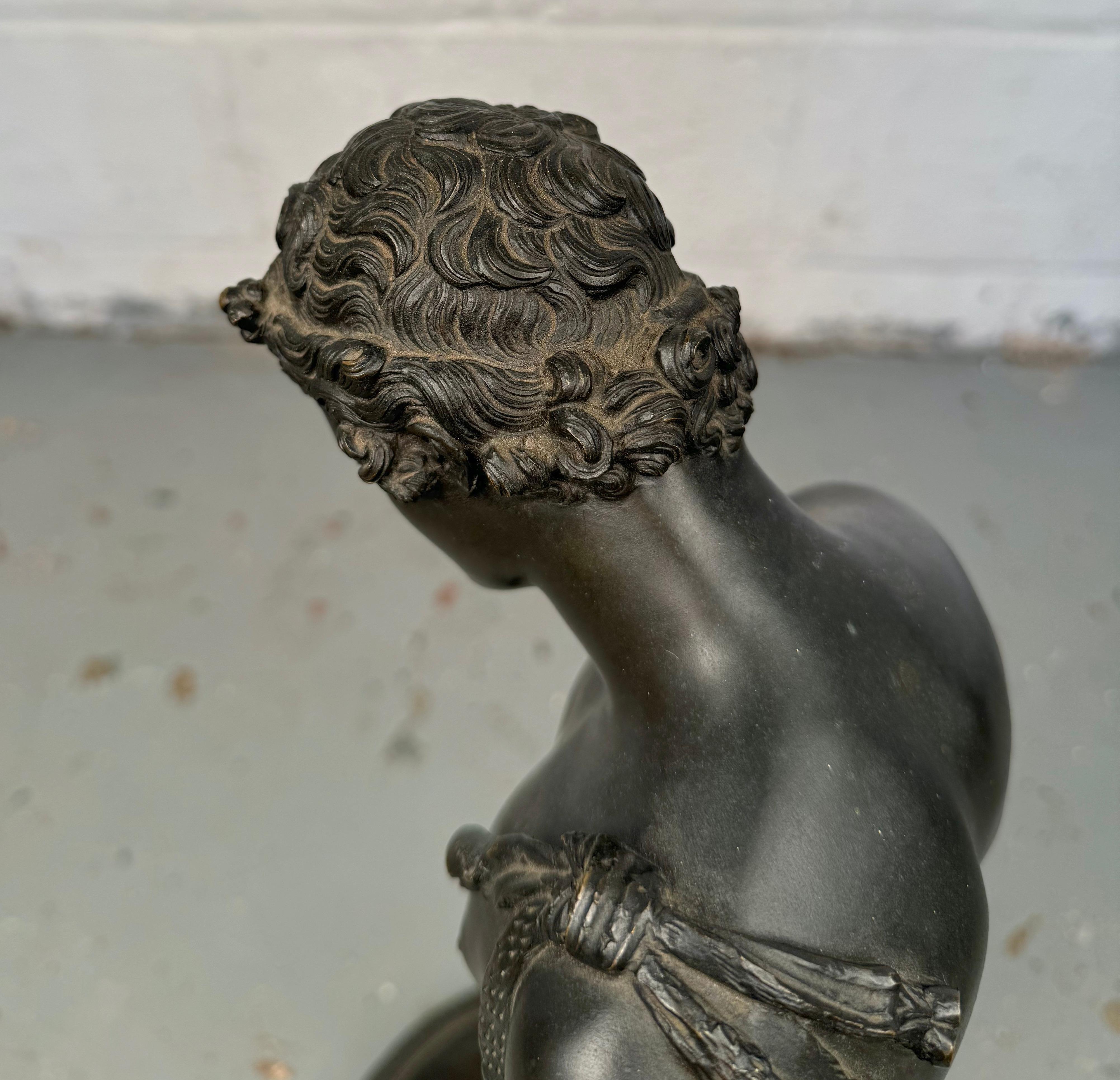 Classical Roman 19th Century Italian Grand Tour Antique Bronze Sculpture of “Narcissus” For Sale