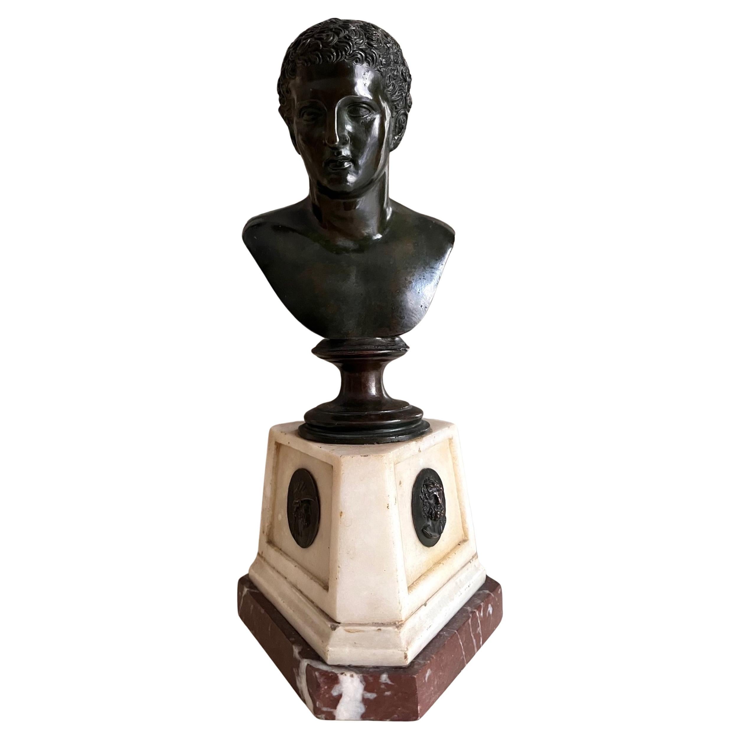 19th Century Italian Grand Tour Bronze Bust of a  Youth on Marble Pedestal For Sale