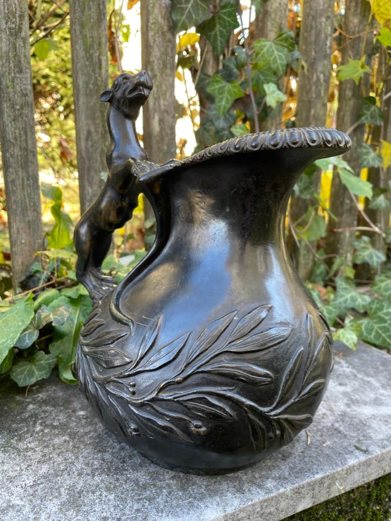 19th Century Italian Grand Tour Bronze Wine Vessel Askos with Panther Handle For Sale 7