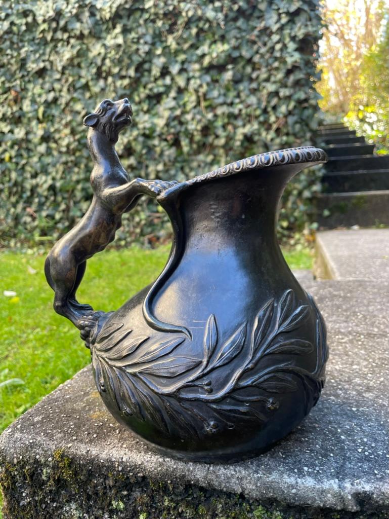 Cast 19th Century Italian Grand Tour Bronze Wine Vessel Askos with Panther Handle For Sale