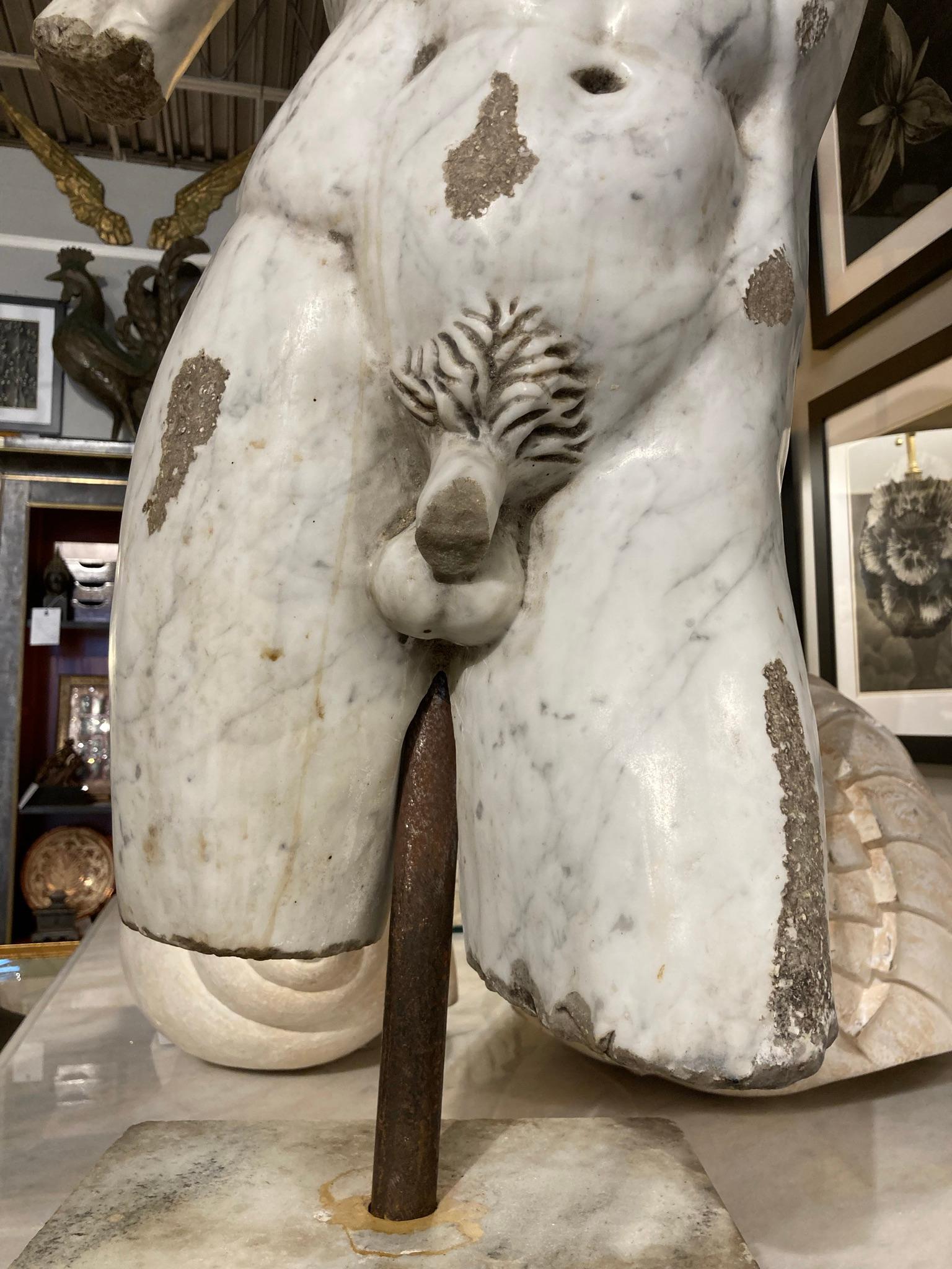 19th Century Italian Grand Tour Carved Marble Nude Male Torso In Good Condition In Stamford, CT