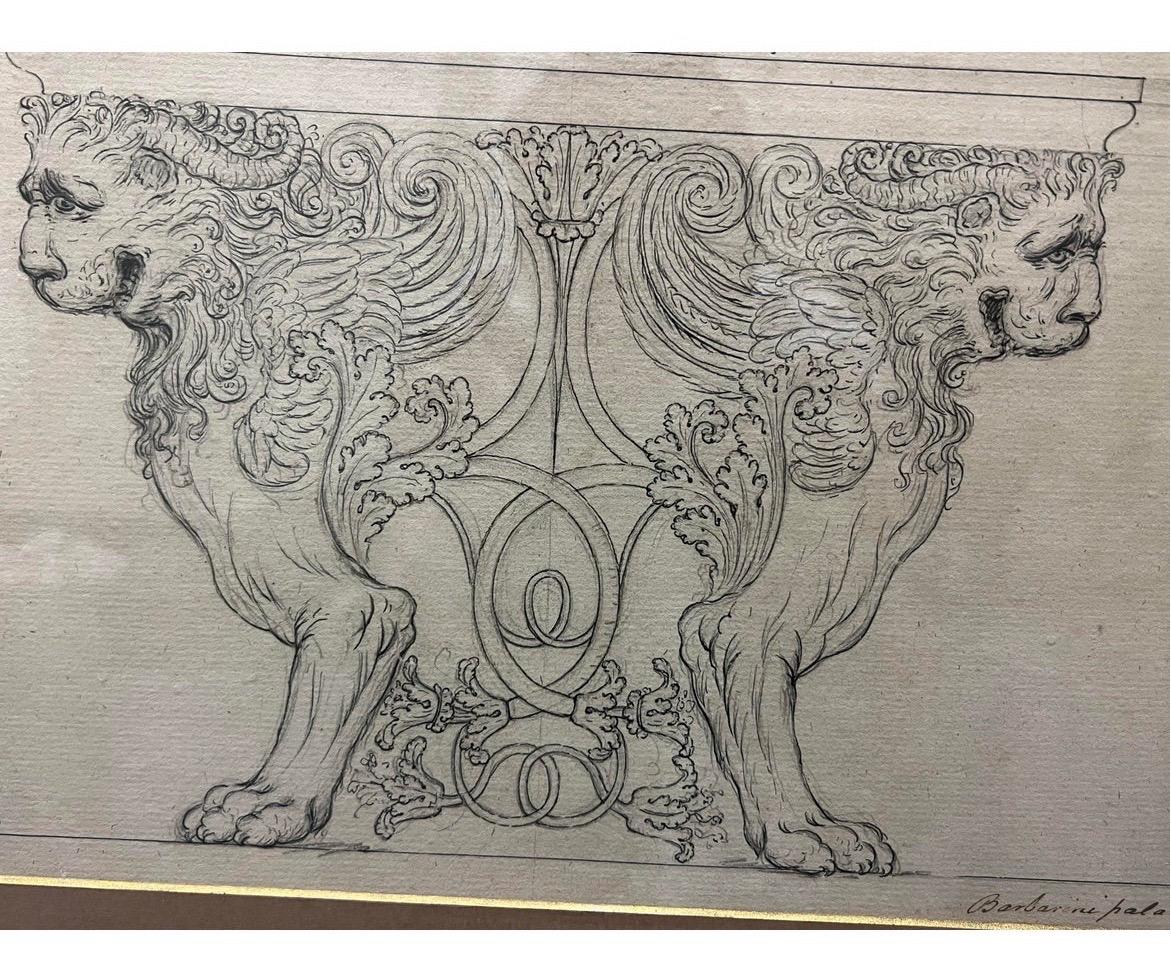 An early 18th or 19th century architectural concept drawing of opposing lions with marble top likely as a console table. Marked in early ink to lower right “Barberini Palace”.