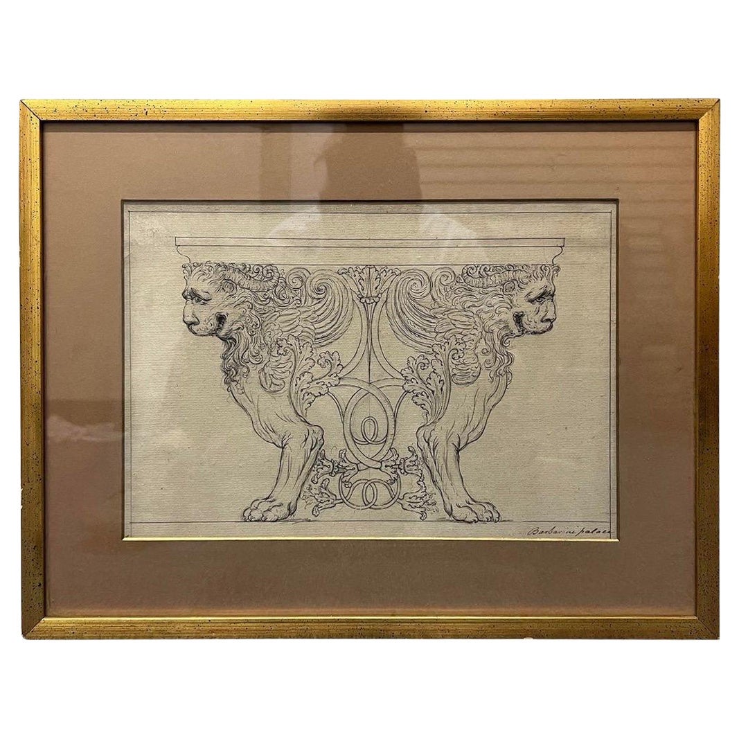 Dessin architectural sur papier du 19ème siècle de l'ère du Grand Tour italien, encadré