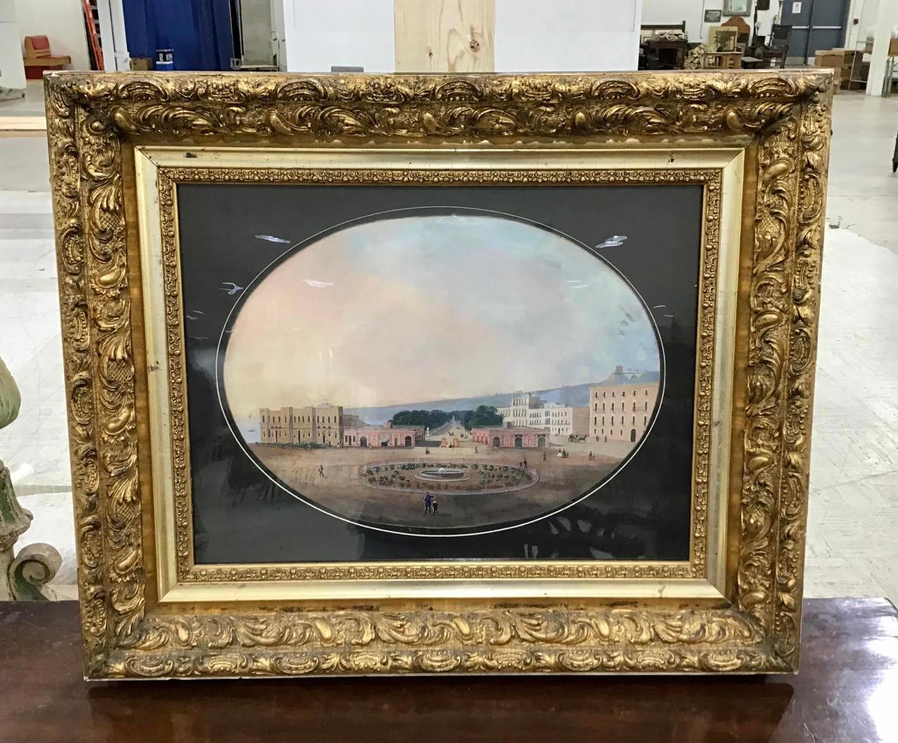 Neapolitan School, 19th century grand tour landscapes gouache painting on canvas. Mounted in fine period gold gilt frame.