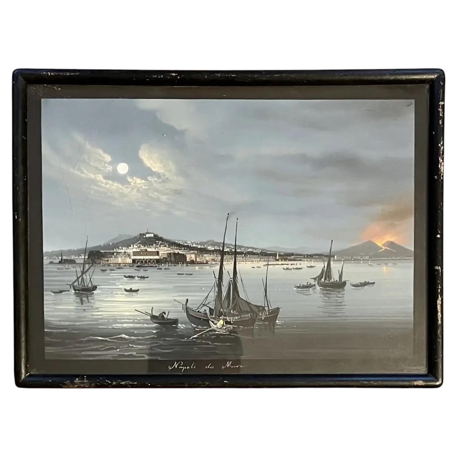 19th Century Italian Grand Tour Neapolitan Gouache Painting of the Bay of Naples