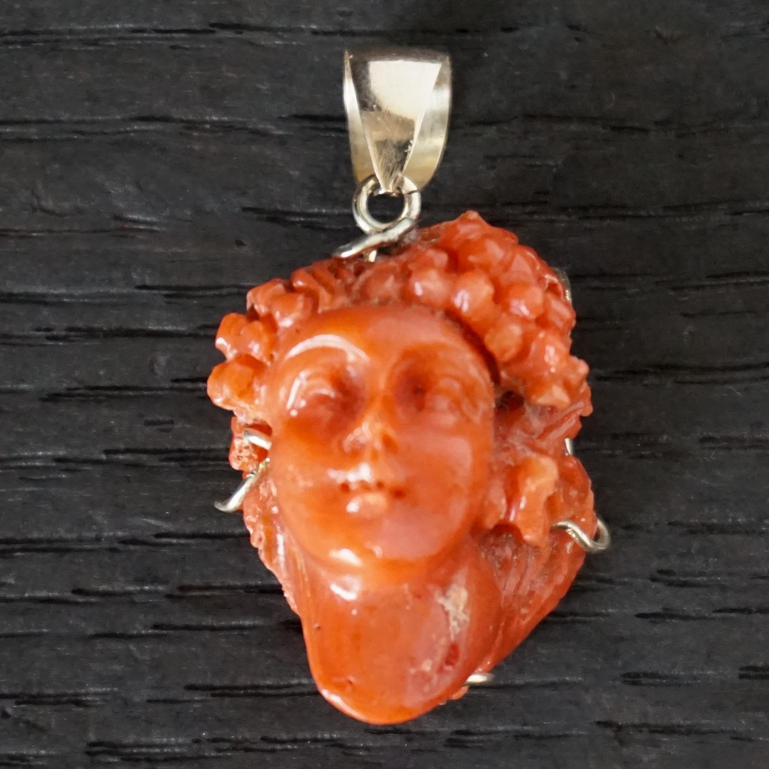 Hand-Carved 19th Century Italian Hand Carved Coral and Gold Bacchante Bacchus Cameo Pendant  For Sale
