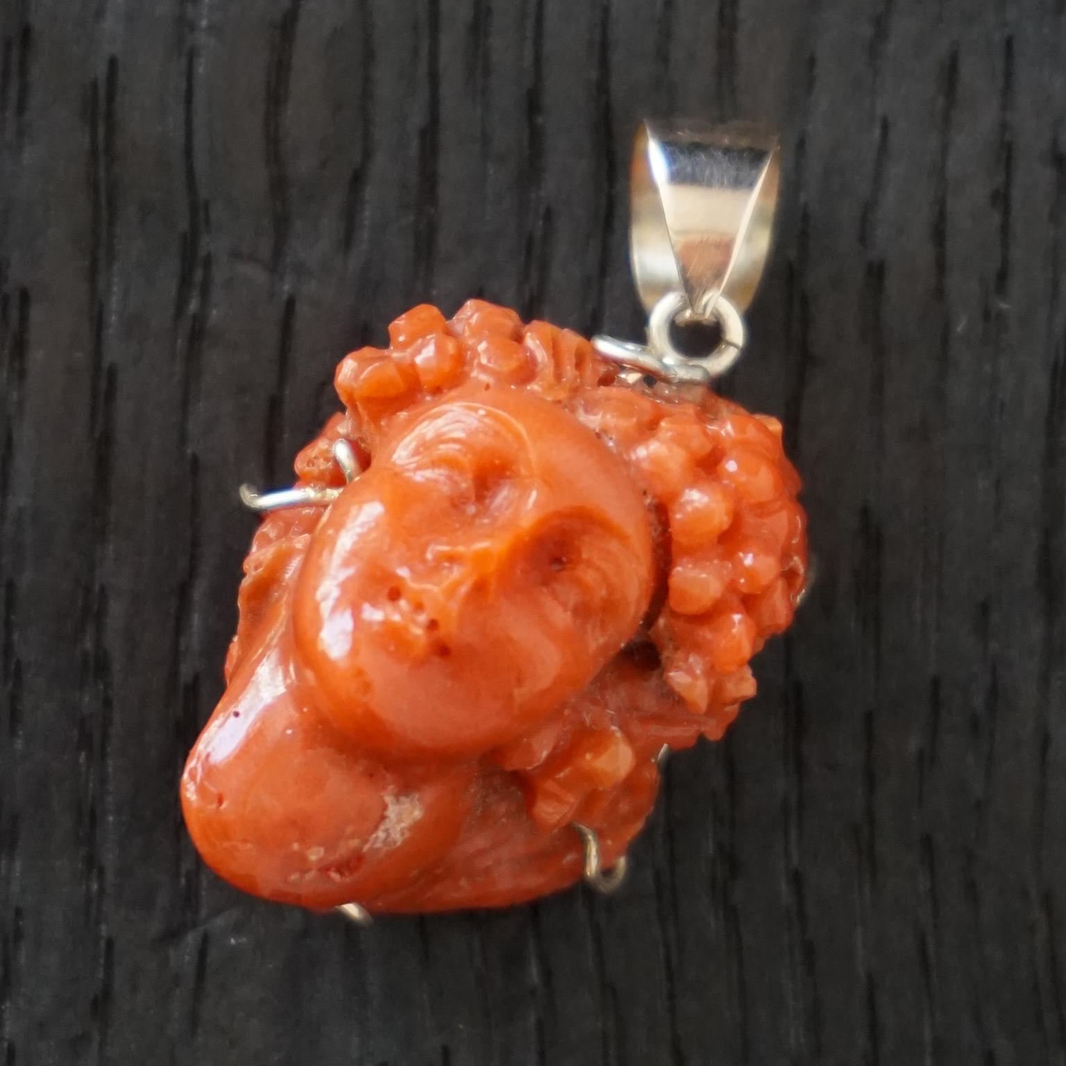 19th Century Italian Hand Carved Coral and Gold Bacchante Bacchus Cameo Pendant  For Sale 1