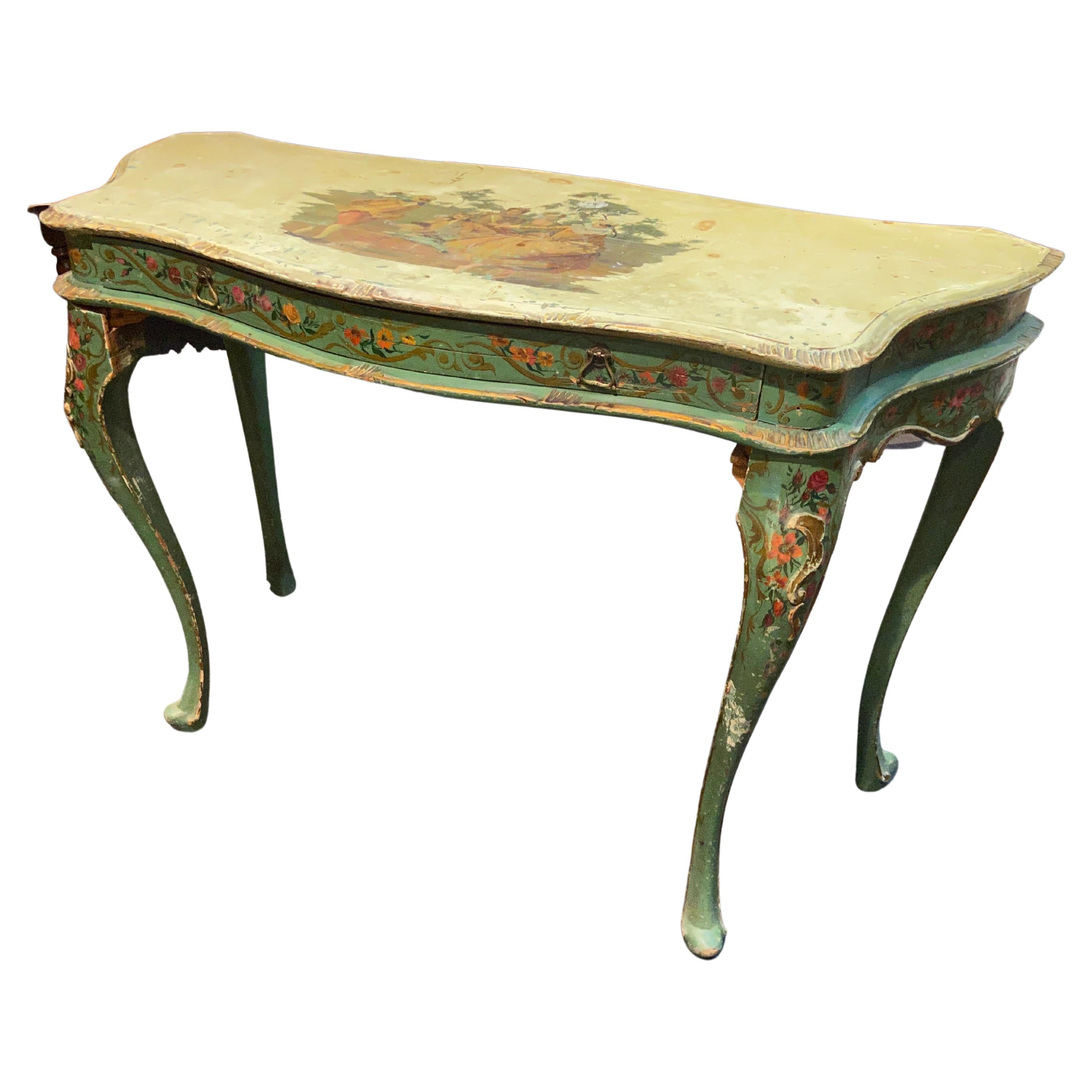 19th Century Italian Hand Carved Hand Painted Gilt Wood Console Table