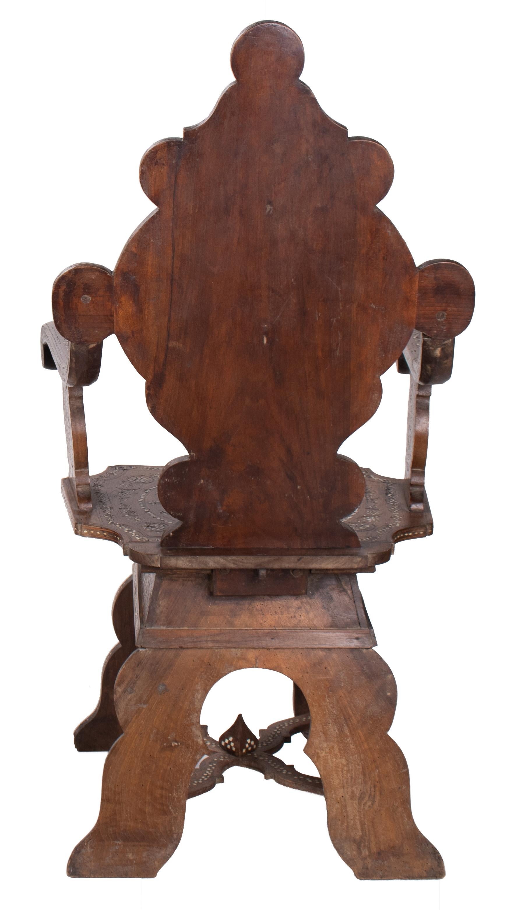 Wood 19th Century Italian Hand Carved Inlaid Armchair