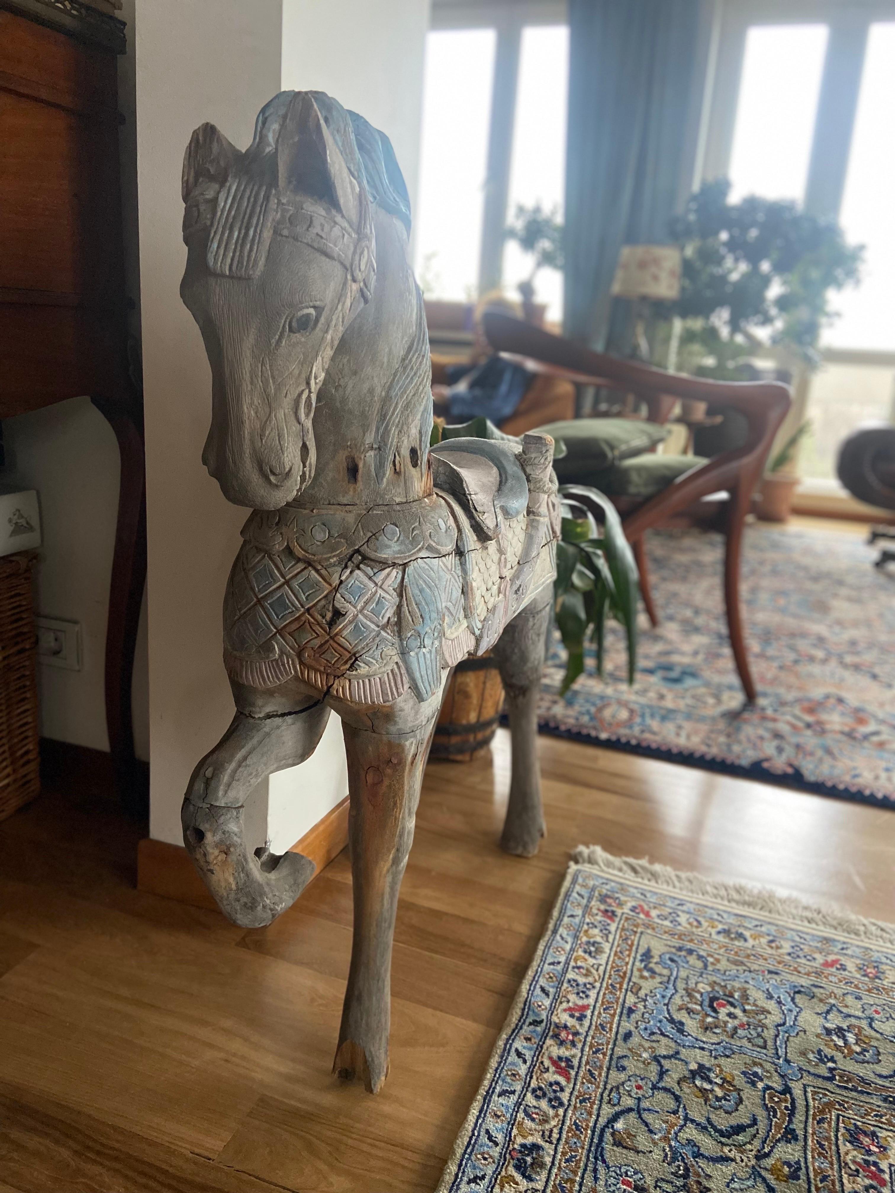 19th Century Italian Hand Carved Rocking Horse Still Wearing Authentic Paint In Fair Condition For Sale In Sofia, BG