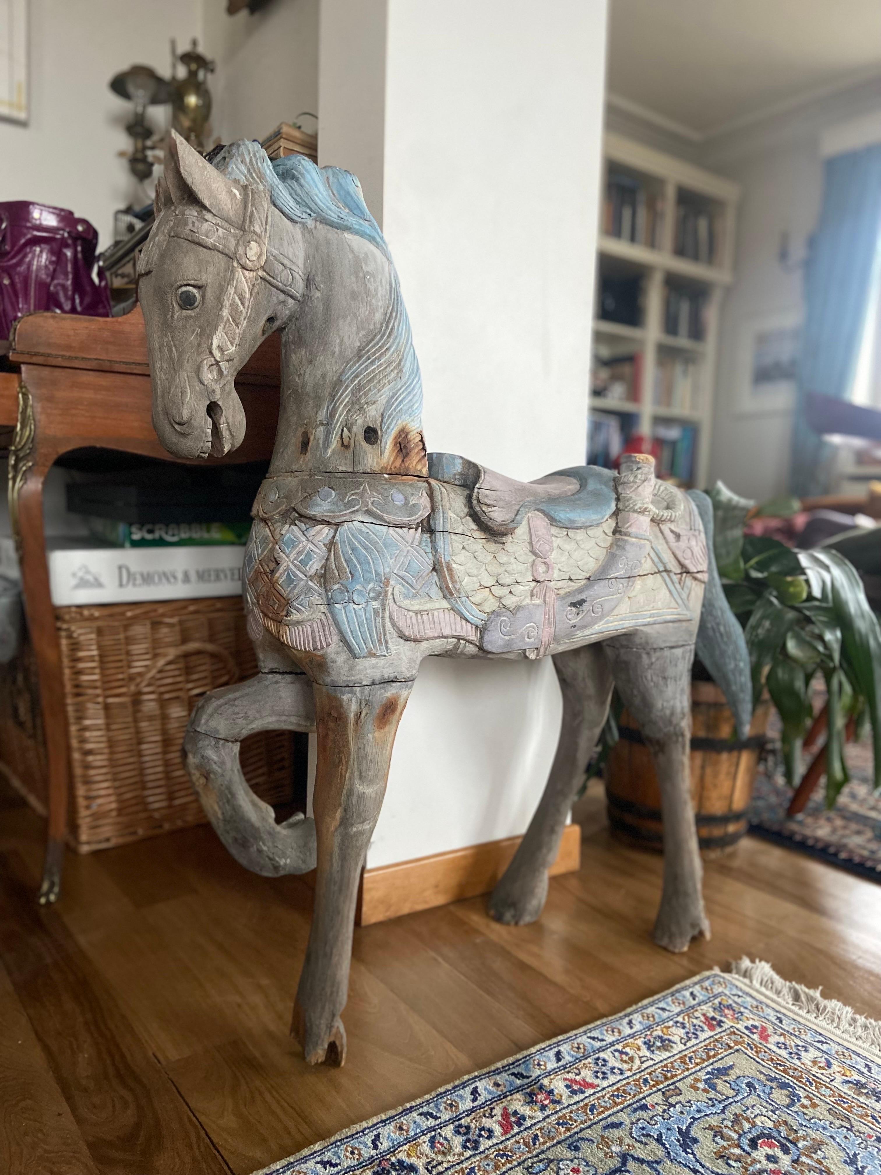 Wood 19th Century Italian Hand Carved Rocking Horse Still Wearing Authentic Paint For Sale