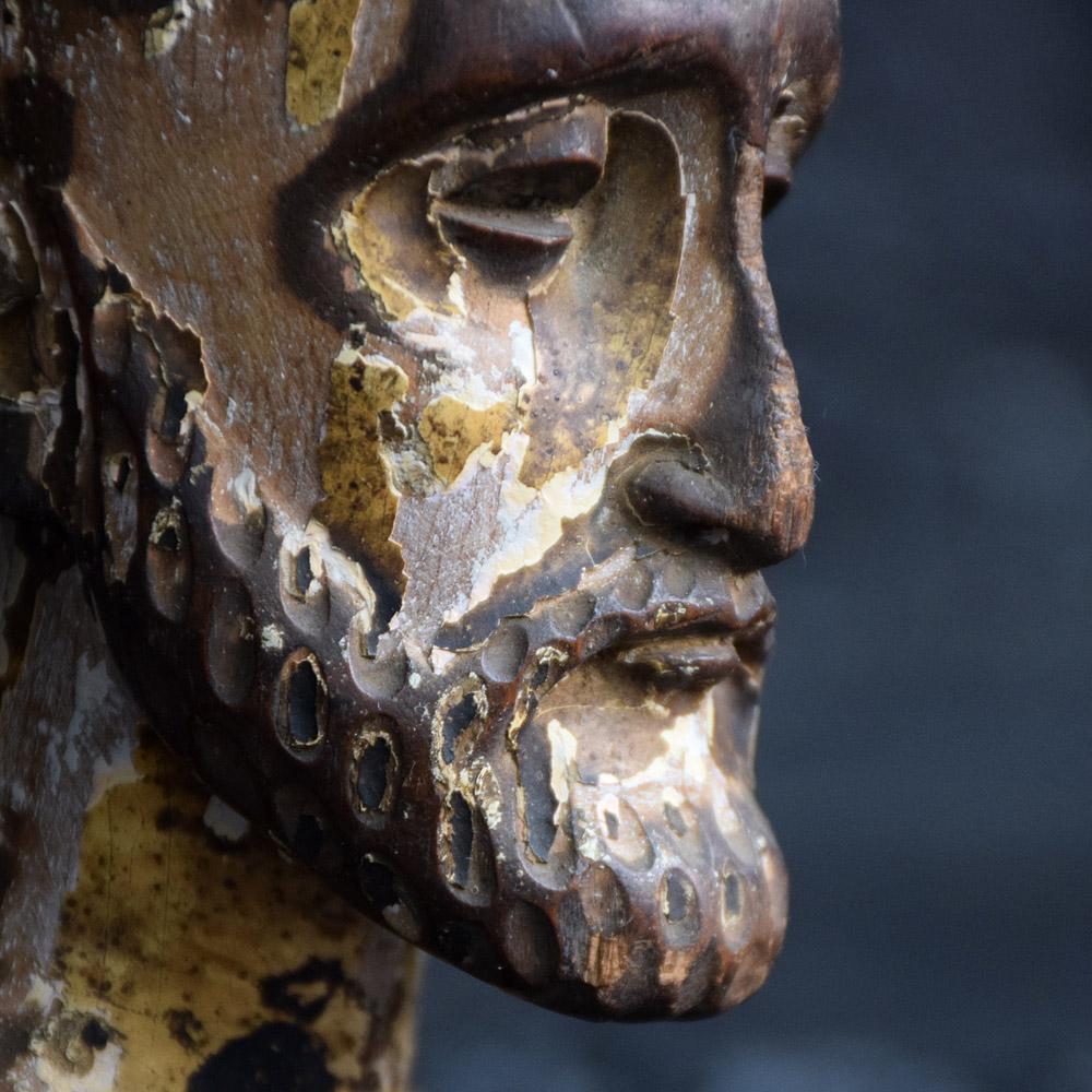 19th century carved Santos head
We are proud to offer a mid-19th century hand carved Santos figure head. Made from light wood, hand carved detail and with reminisce of original gold gilt paint. A wonderful original example of an Italian religious