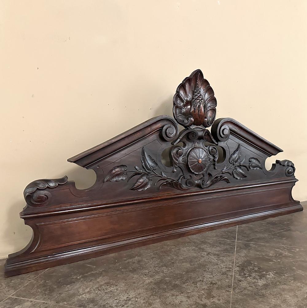 19th Century Italian Hand-Carved Walnut Decorative Crown will add an unparalleled flourish to any room.  Use it across a cased opening, or adorned with draperies to serve as a headboard, or for any other decorative application to suit your needs. 