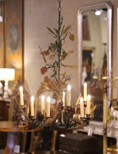 19th Century Italian Hand Painted Brass Grape & Wheat Eight-Light Chandelier