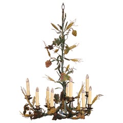 Lustre à huit lumières en laiton peint à la main, raisin et blé, 19e siècle, Italie