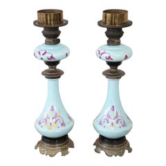 19th Century Italian Hand Painted Ceramic Pair of Antique Oil Table Lamps