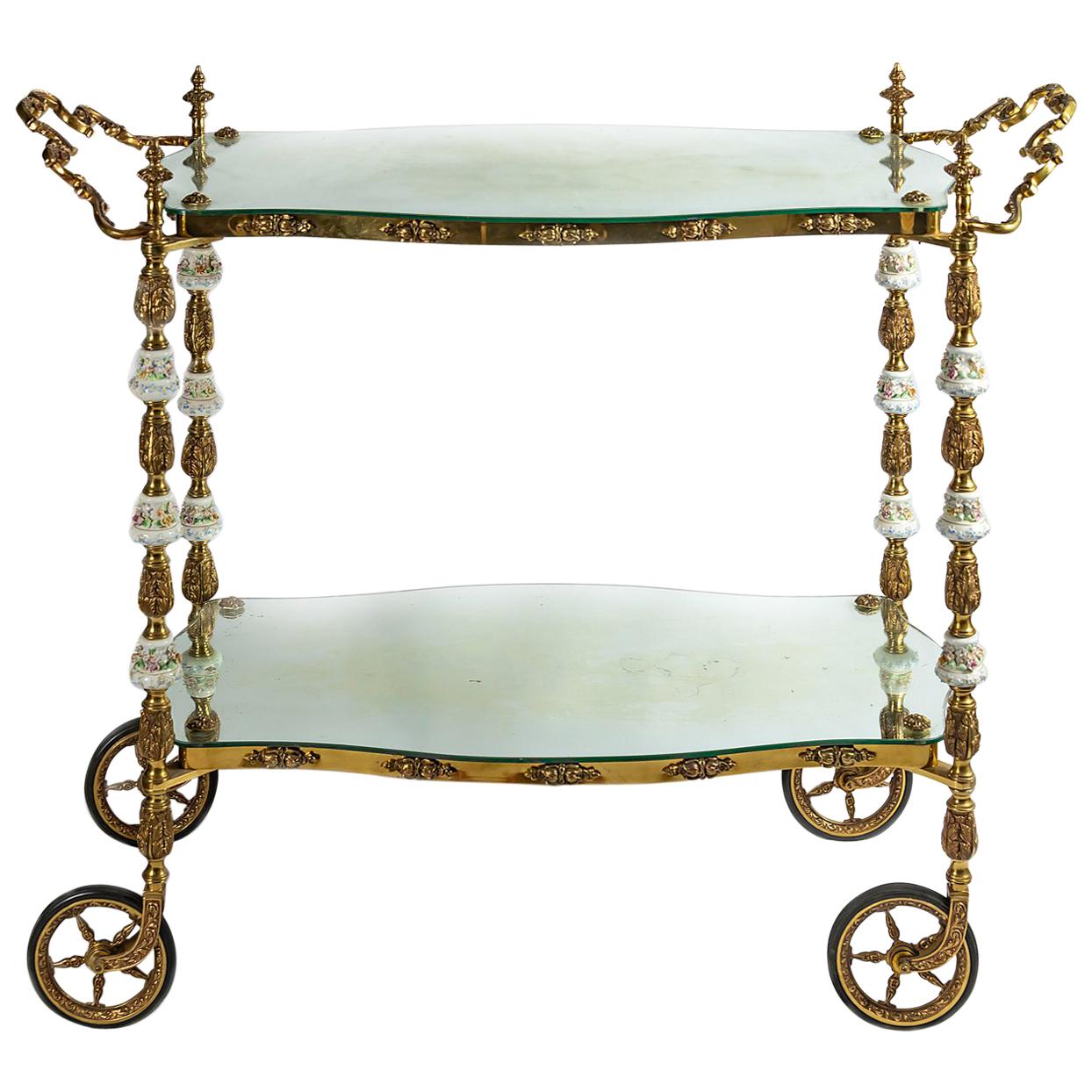 19th Century Italian Handmade Bronze Serving Table, Cart with Capodimonte
