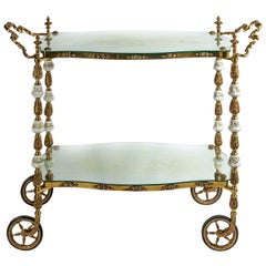 Antique 19th Century Italian Handmade Bronze Serving Table, Cart with Capodimonte