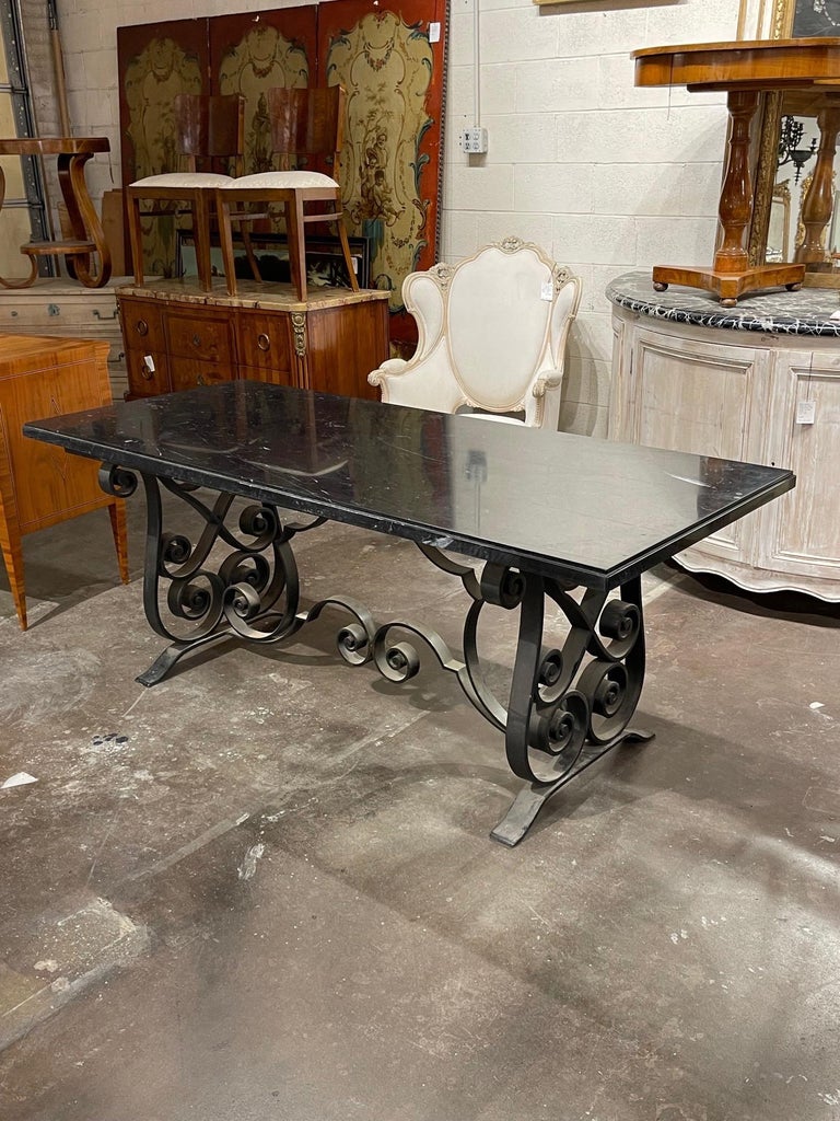 Gorgeous 19th century Italian heavy iron hall table with very fine thick black Belgium marble top. A fine table that would be great on a covered patio as well!