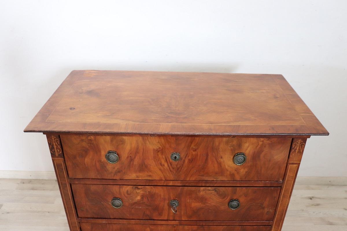 Inlay 19th Century Italian Inlaid Walnut Antique Chest of Drawers For Sale