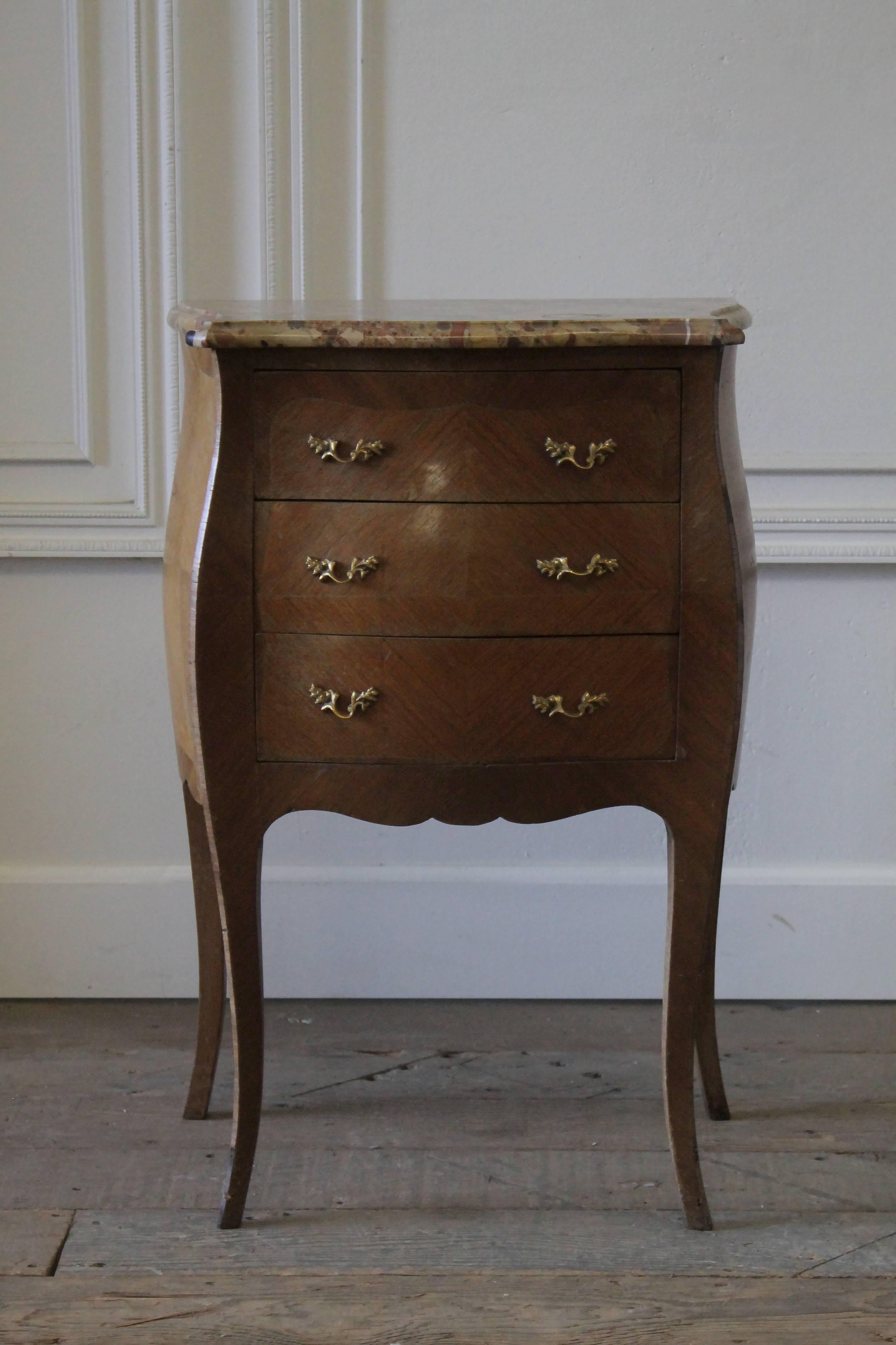 Gilt 19th Century Italian Inlay Commode Side Table with Three Drawers and Marble Top