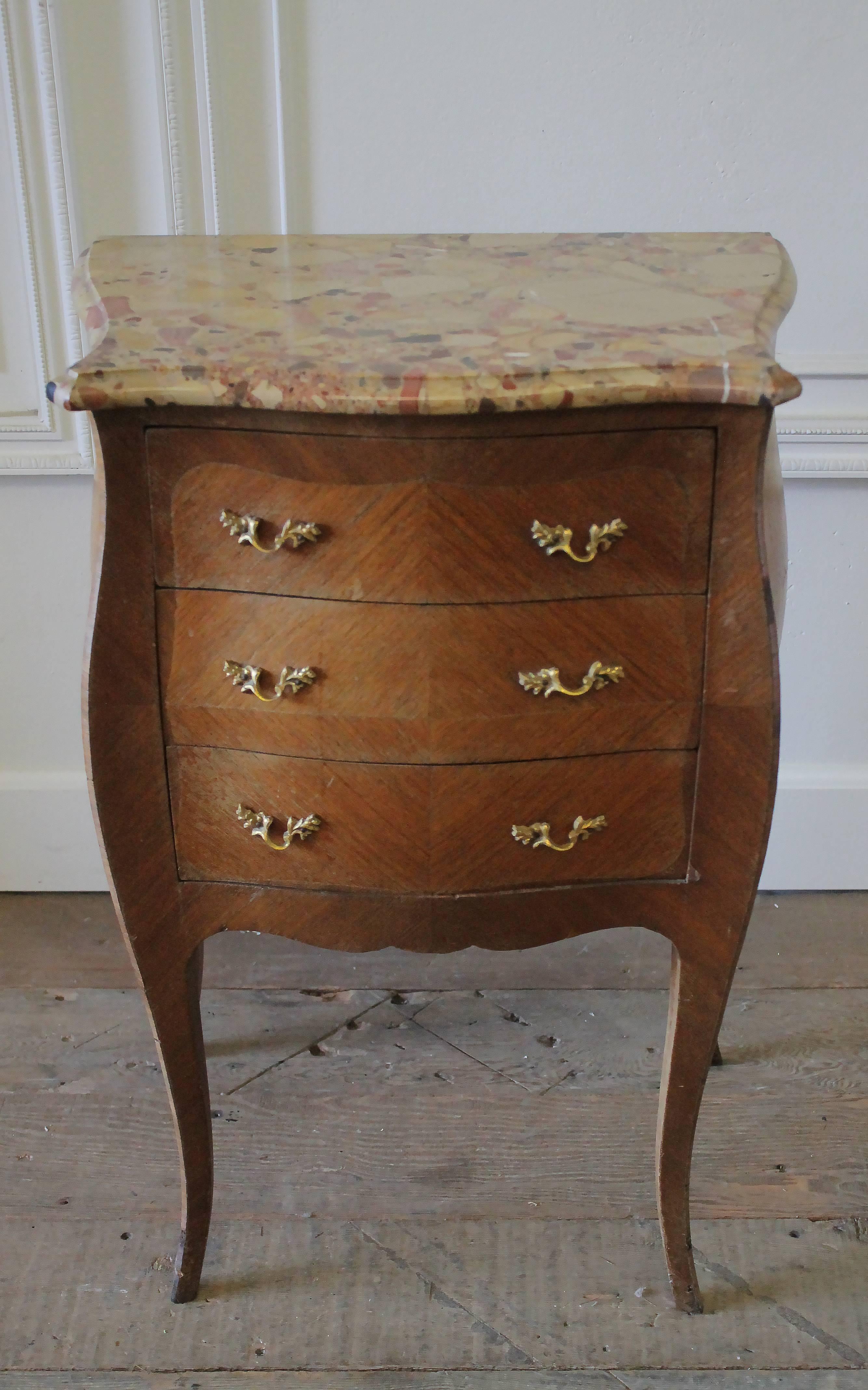 19th Century Italian Inlay Commode Side Table with Three Drawers and Marble Top In Good Condition In Brea, CA