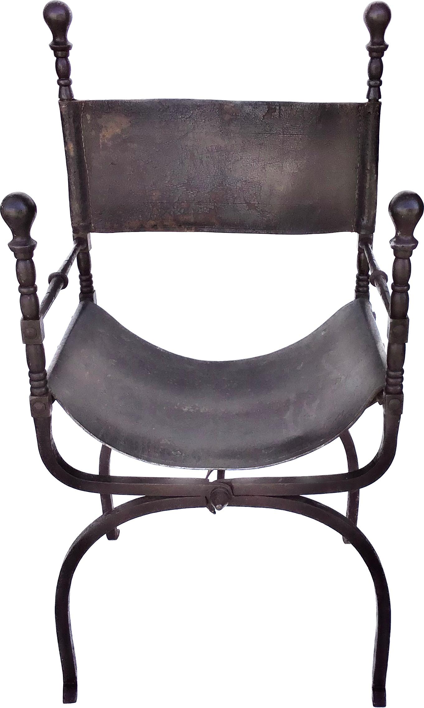 Stunning Italian iron Savonarola Dante chair also known as Curule chairs. Featuring a scissor form iron frame that folds in a Campaign style with iron finials and feet. The seat and back are upholstered with thick distressed leather hides with a
