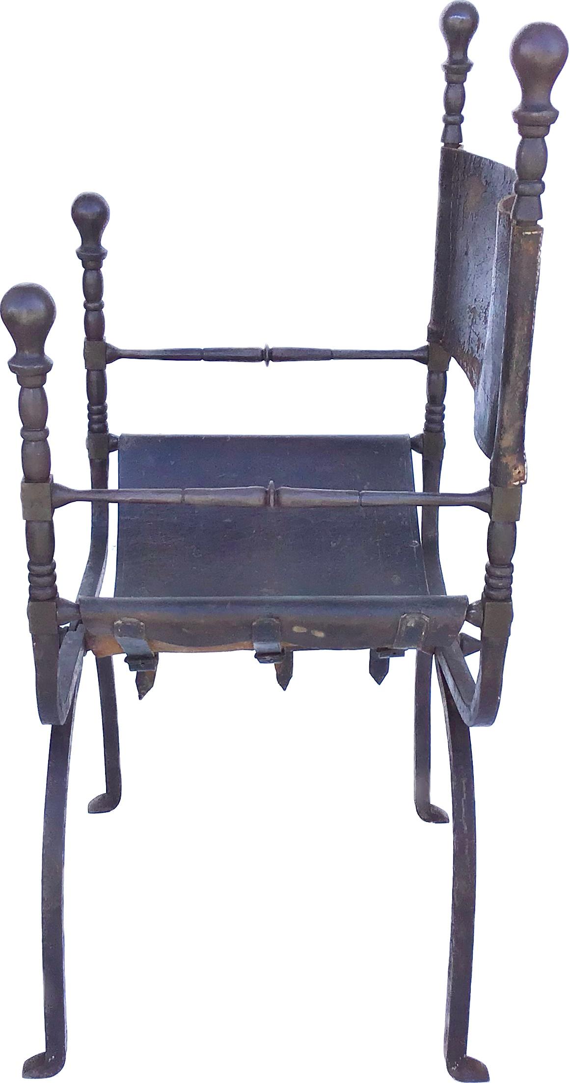 Italienischer Savonarola- oder Curule-Stuhl aus Eisen und Leder aus dem 19. Jahrhundert im Angebot 2
