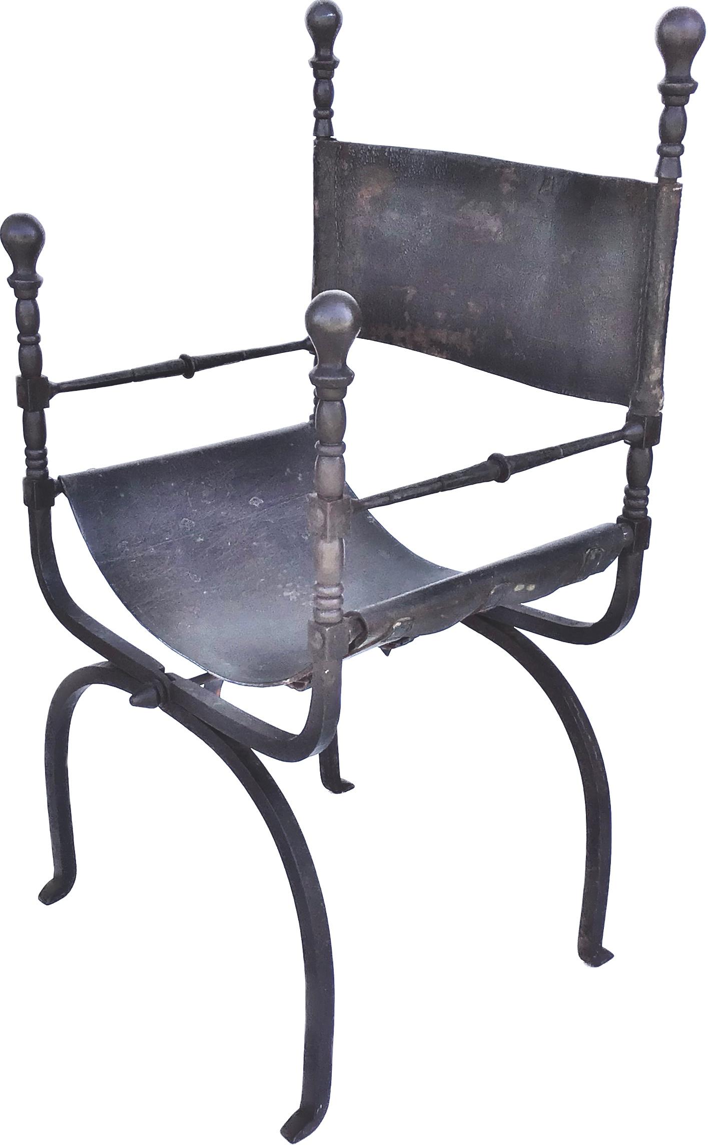 Italienischer Savonarola- oder Curule-Stuhl aus Eisen und Leder aus dem 19. Jahrhundert im Angebot 3