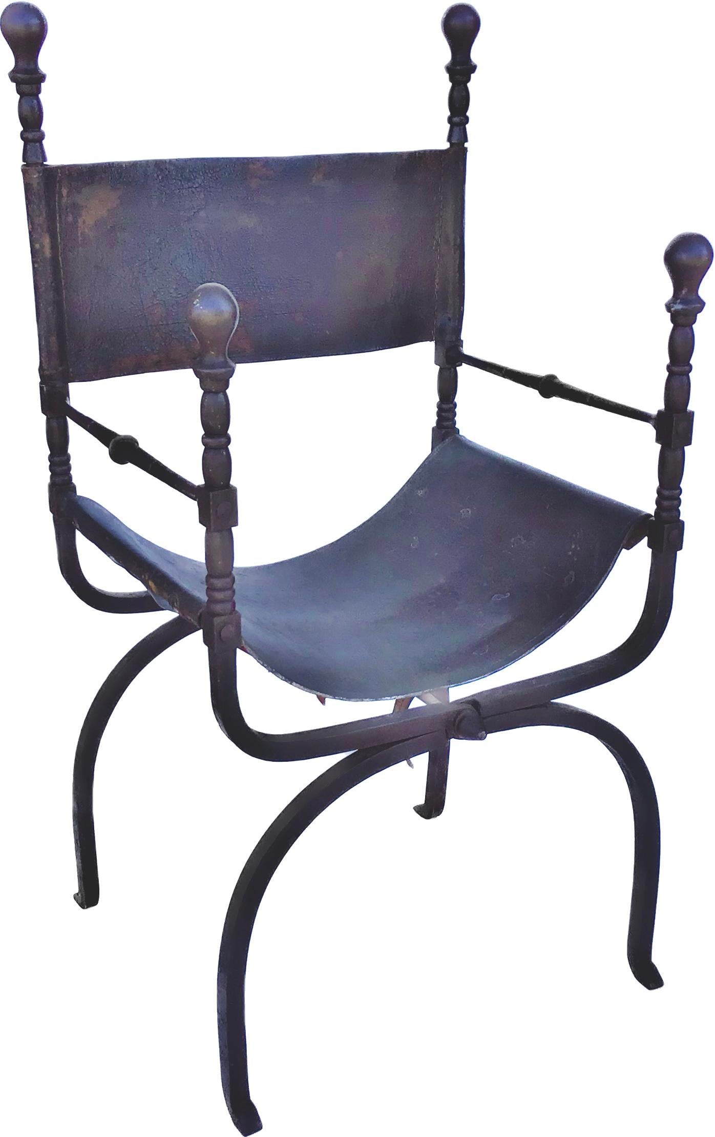 19th Century Italian Iron and Leather Savonarola Or Curule Chair For Sale 4