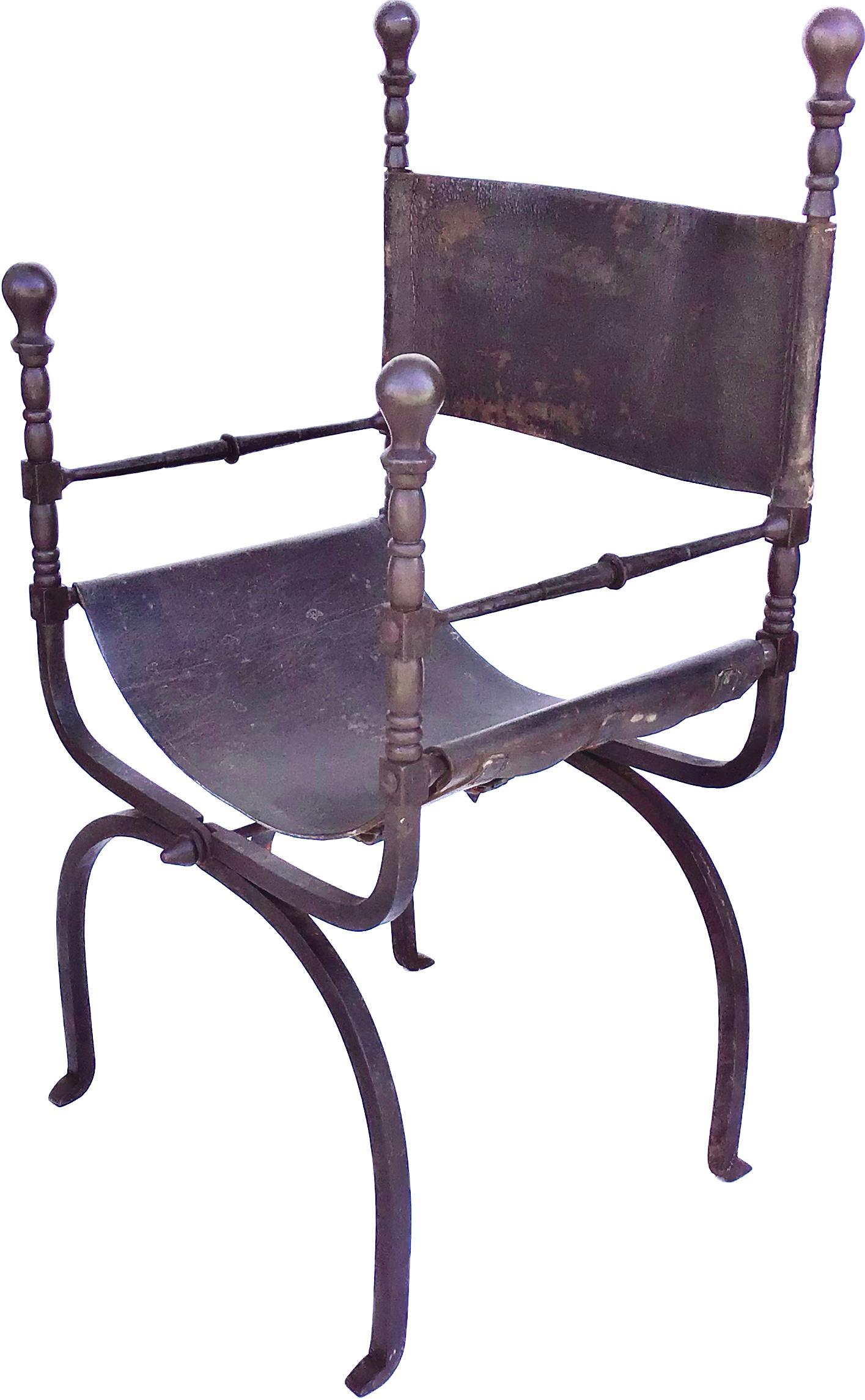19th Century Italian Iron and Leather Savonarola Or Curule Chair For Sale 5