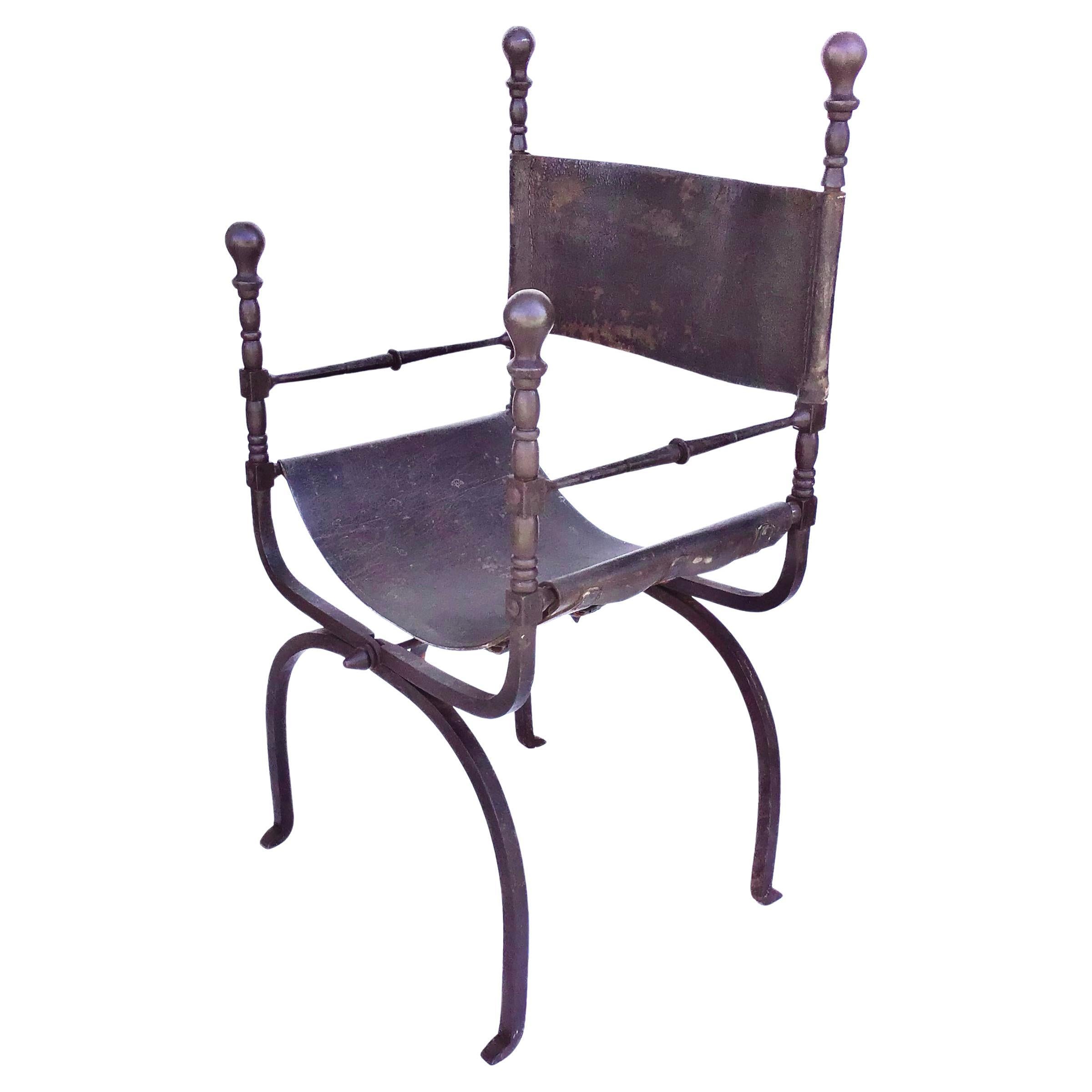 Italienischer Savonarola- oder Curule-Stuhl aus Eisen und Leder aus dem 19. Jahrhundert