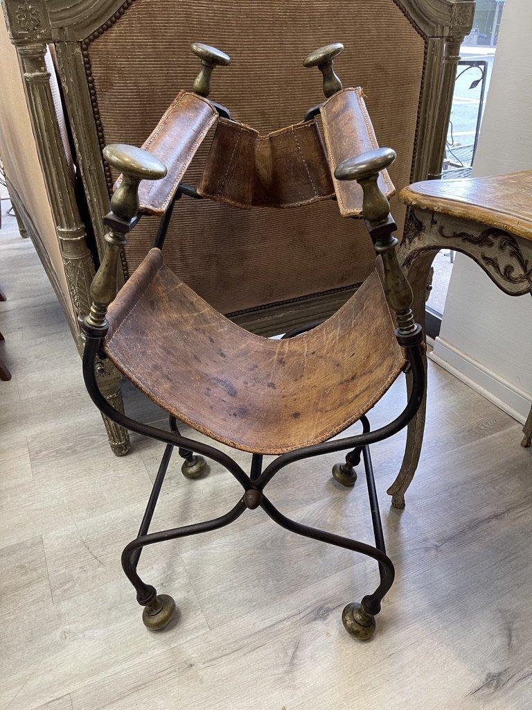 19th Century Italian Iron, Bronze, and Leather Savonarola Chair 1