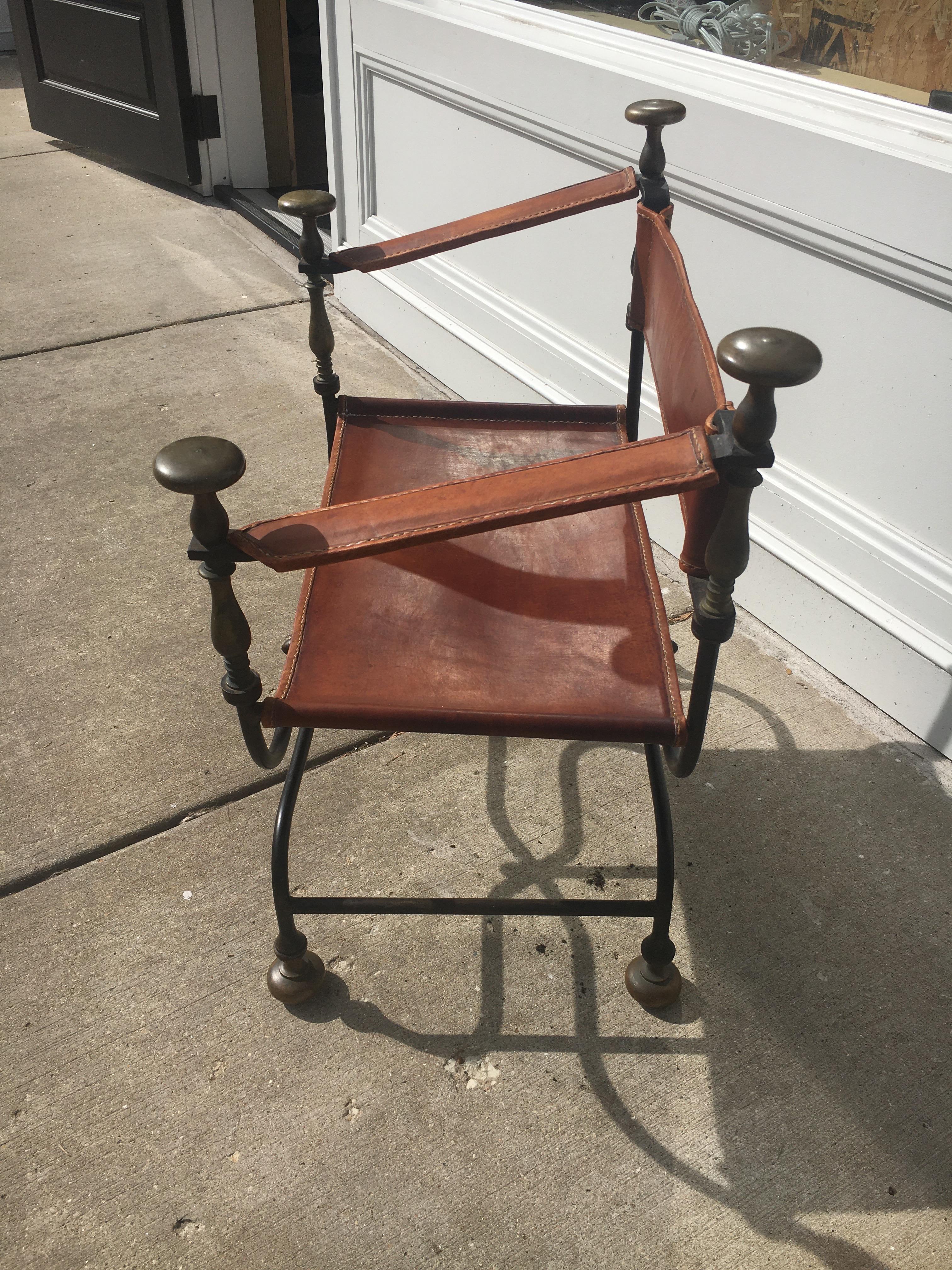 19th Century Italian Iron, Bronze and Leather Savonarola Dante Or Curule Chair In Good Condition In Buchanan, MI