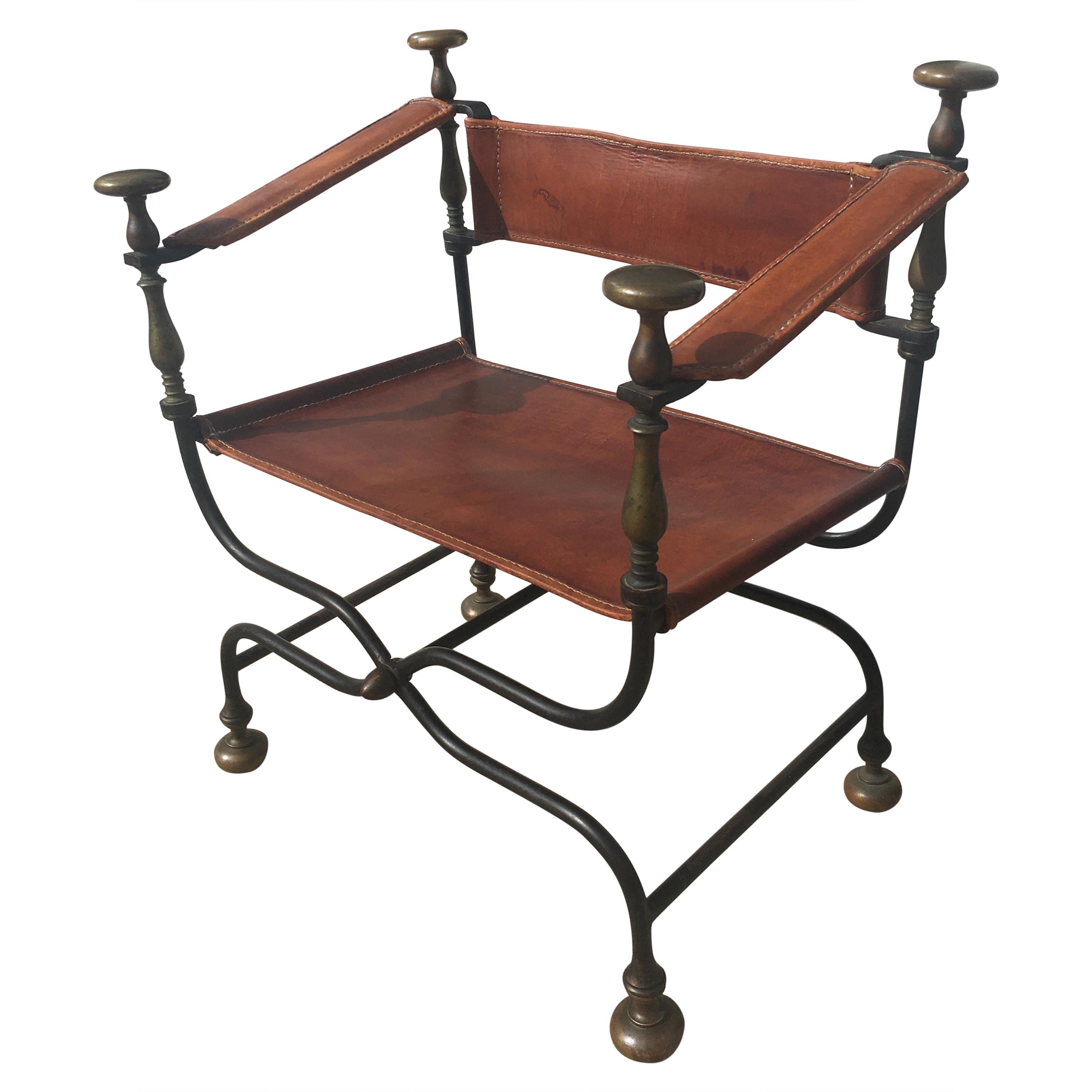 19th Century Italian Iron, Bronze and Leather Savonarola Dante Or Curule Chair
