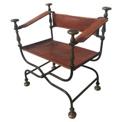 Chaise Dante Savonarola ou Curule du 19ème siècle en fer, bronze et cuir italien