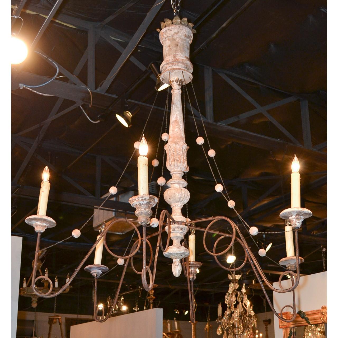 19th Century Italian Iron & Painted Wood Chandelier In Good Condition In Dallas, TX