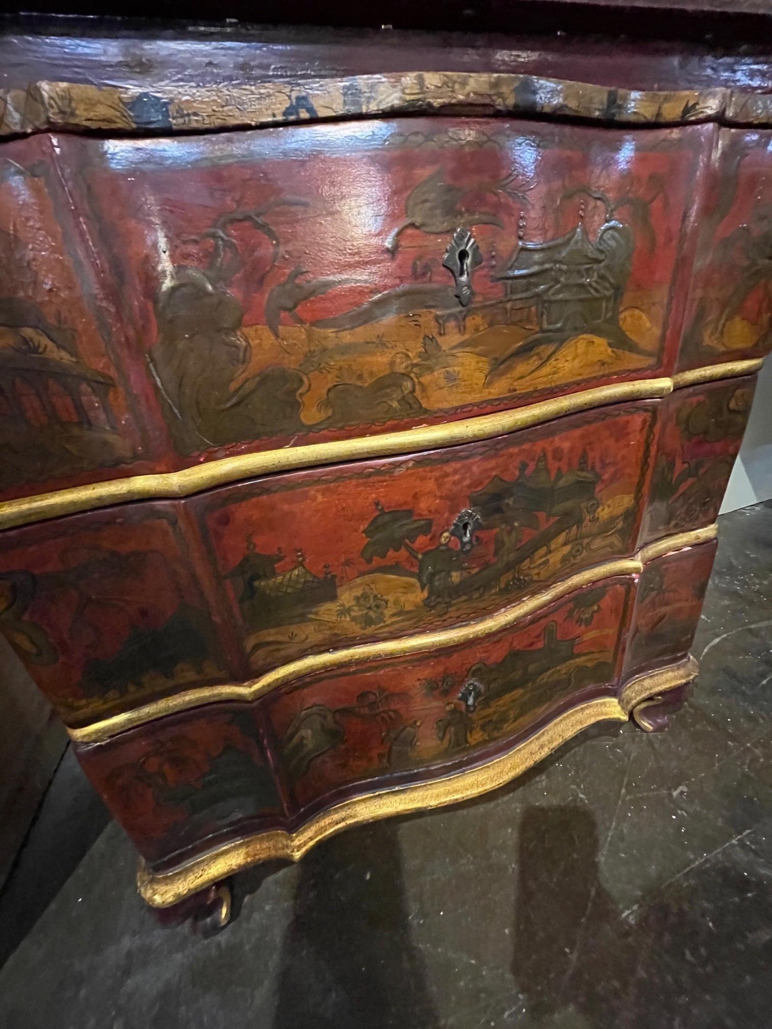 Hand-Painted 19th Century Italian Lacquered Secretary with Raised Chinoiserie Design For Sale
