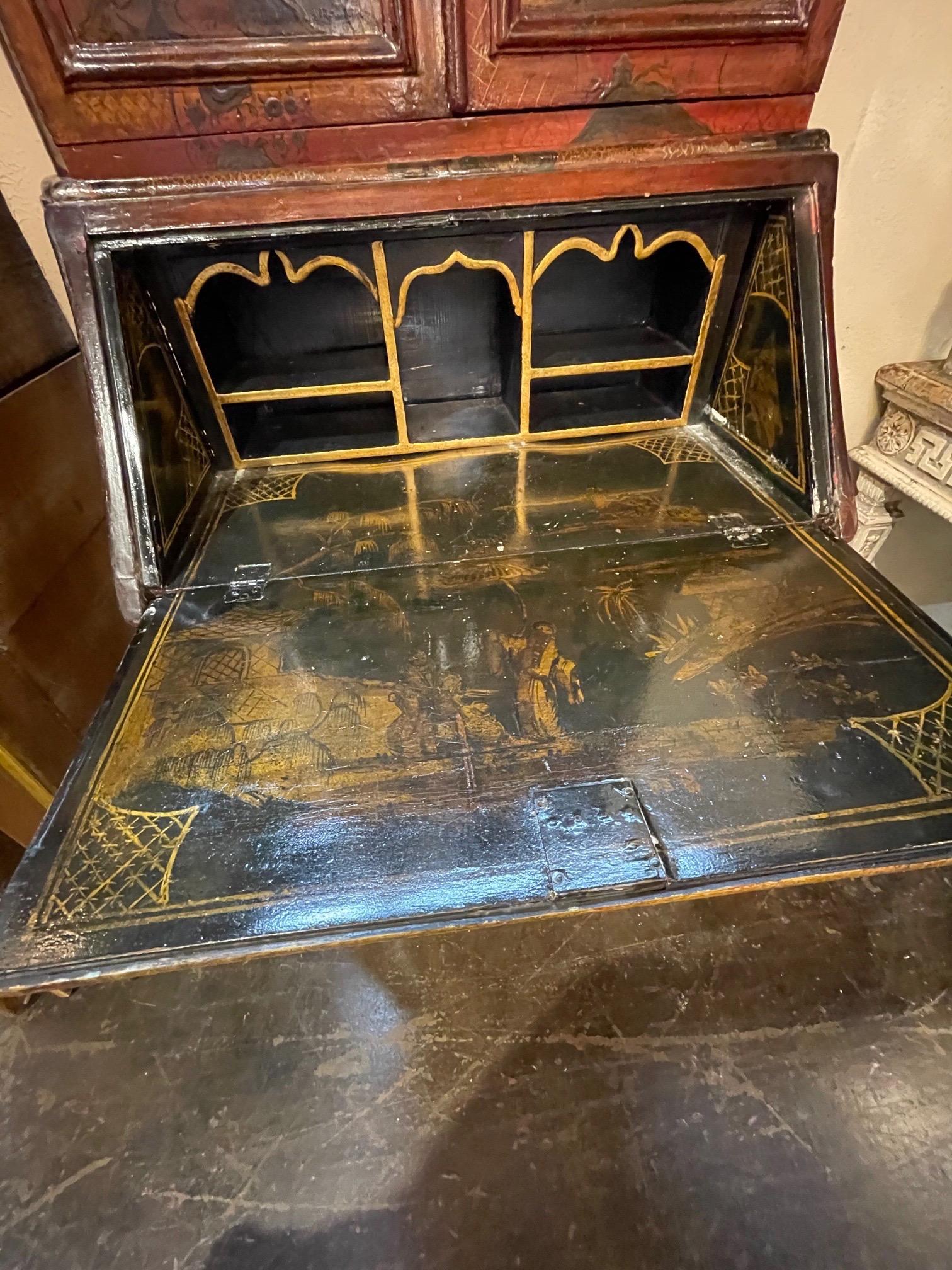 Wood 19th Century Italian Lacquered Secretary with Raised Chinoiserie Design For Sale