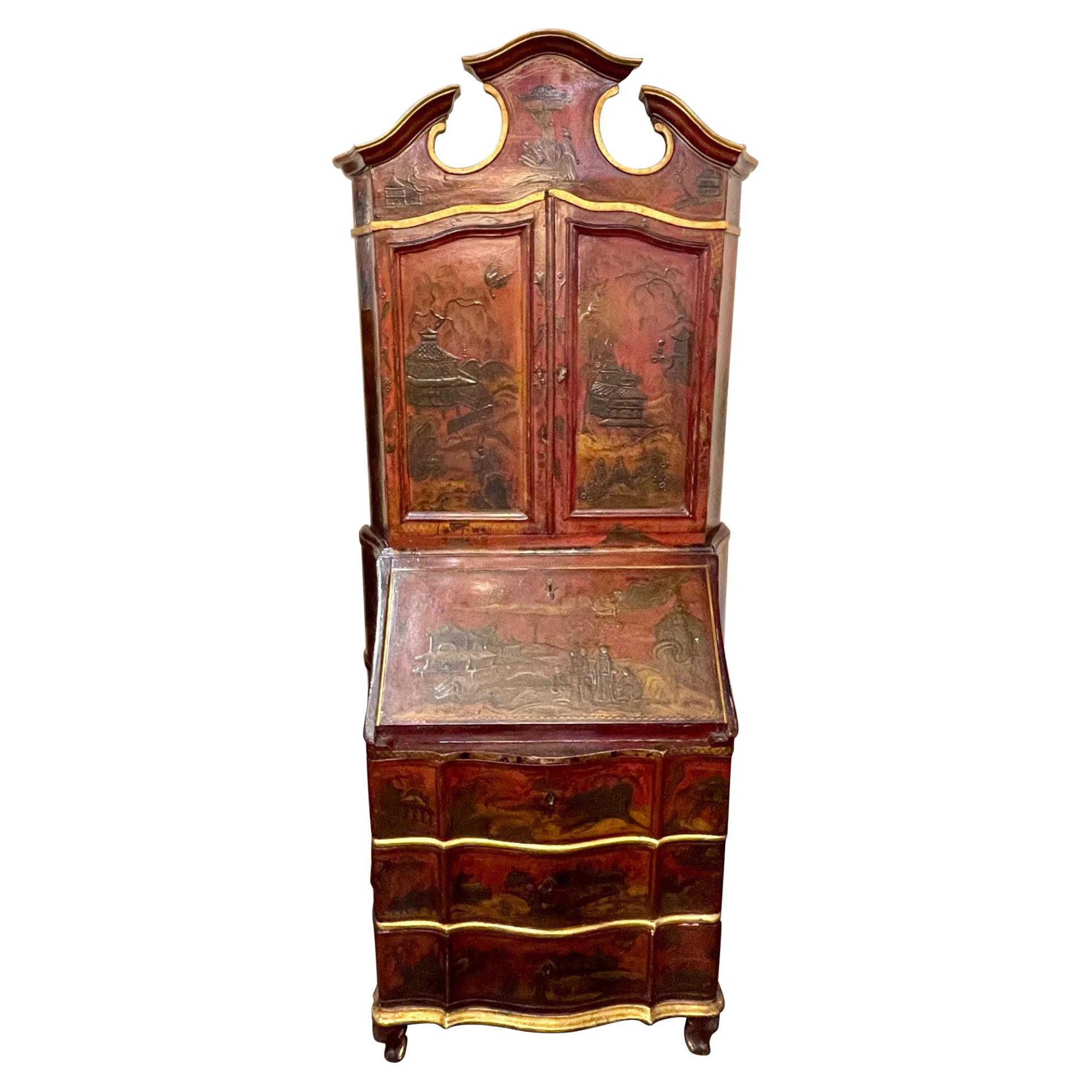 19th Century Italian Lacquered Secretary with Raised Chinoiserie Design For Sale