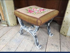 19th Century Italian Lacquered Wooden Stool with Hand Embroidered Seat, 1890s