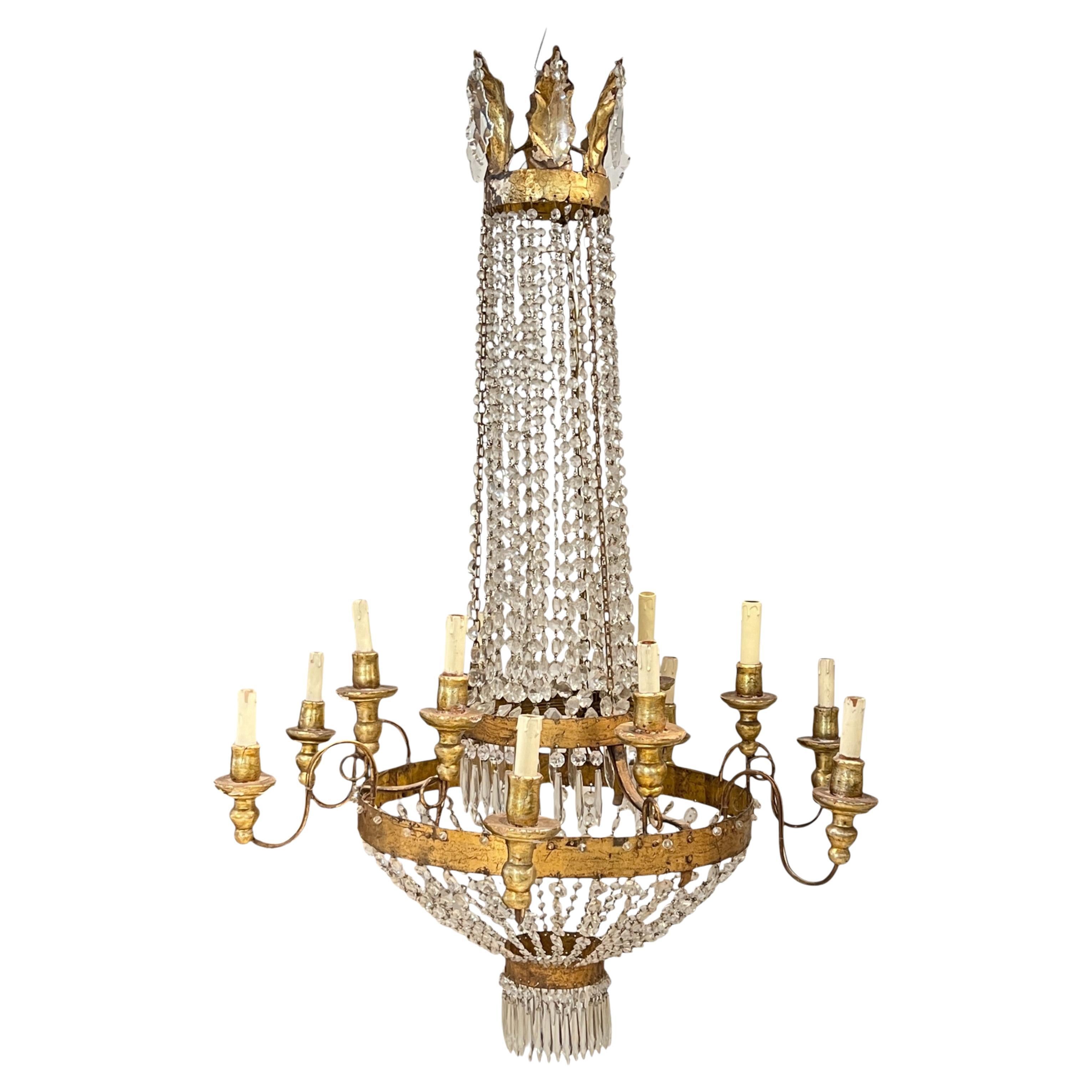 Grande lampadario impero italiano del XIX secolo in cristallo e ferro dorato