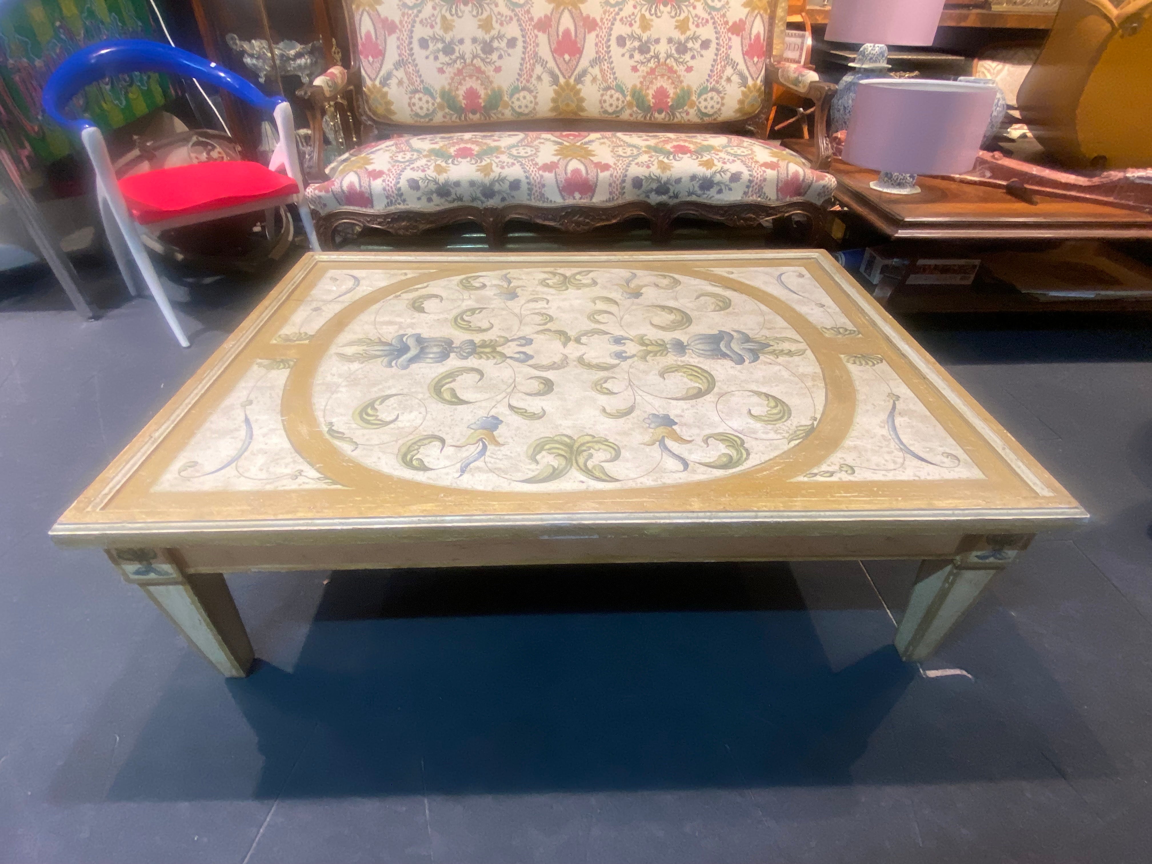 Extraordinary hand painted large sofa table made in early 19th century in Italy.
There is a small crack on the top but it is another proof of authenticity as the under top as well, which shows the airing of the table. The painting on the top is in