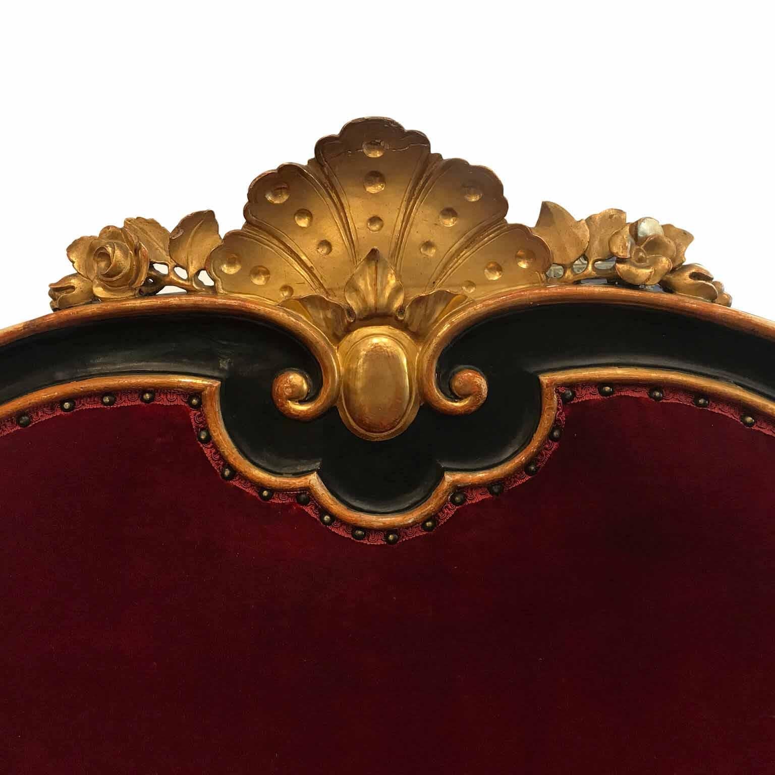 Louis Philippe Italian 19th Century Large Sofa Sicilian Canapè with Lacquer Gilding Red Velvet