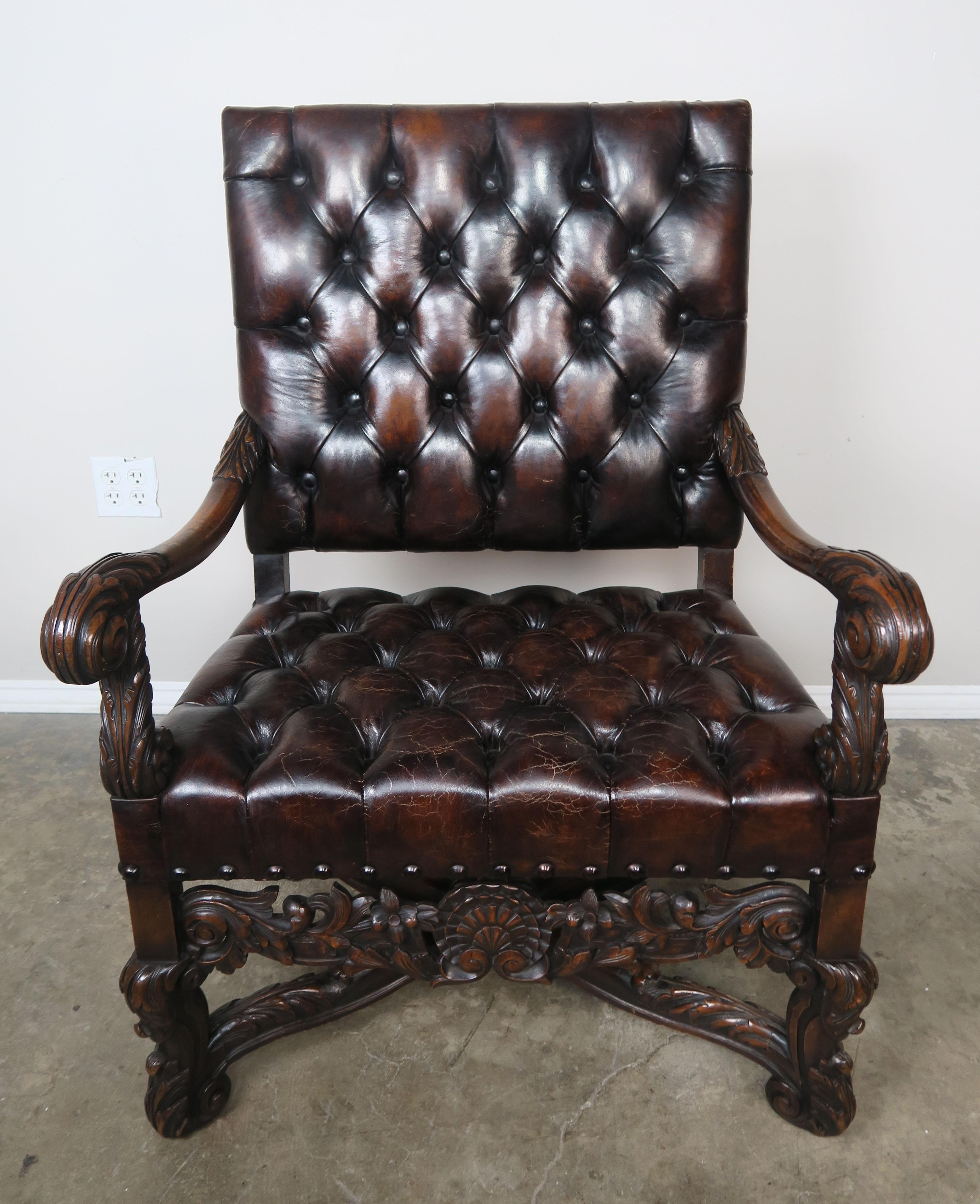 19th Century Italian Leather Tufted Armchairs, a Pair 10